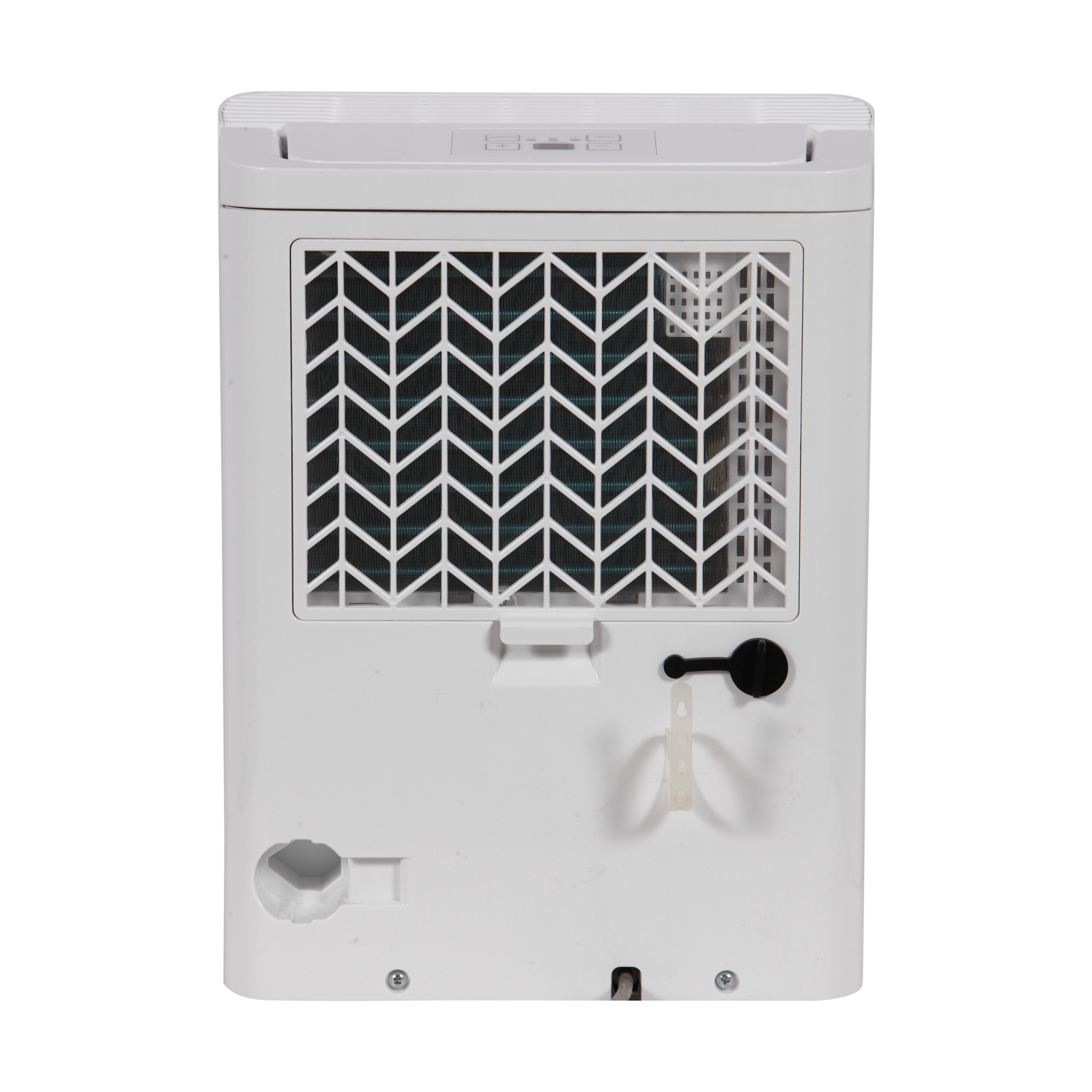 Biały tył białego osuszacza. Kratka z czarnym pokrętłem i przyłączem węża.