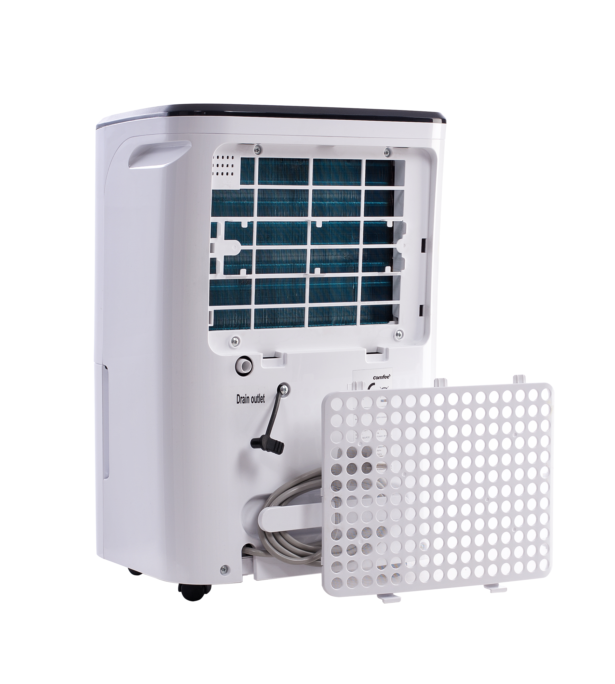 Biały osuszacz powietrza, widok z tyłu z otwartym panelem. Widoczne części wewnętrzne, wylot drenażowy i biała kratka.