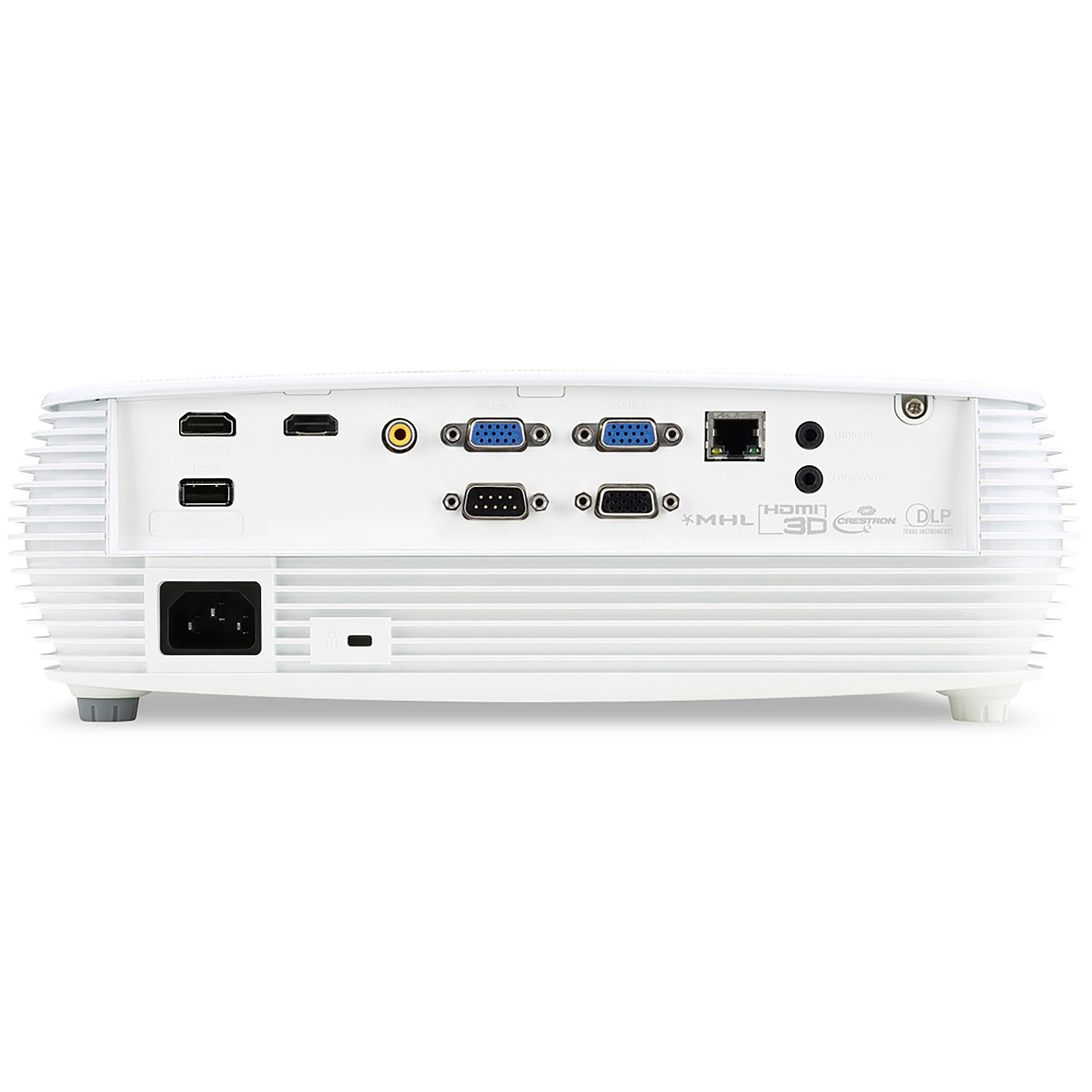 Retro di un proiettore bianco con più porte e connessioni. C'è scritto DLP, HDMI e MHL.