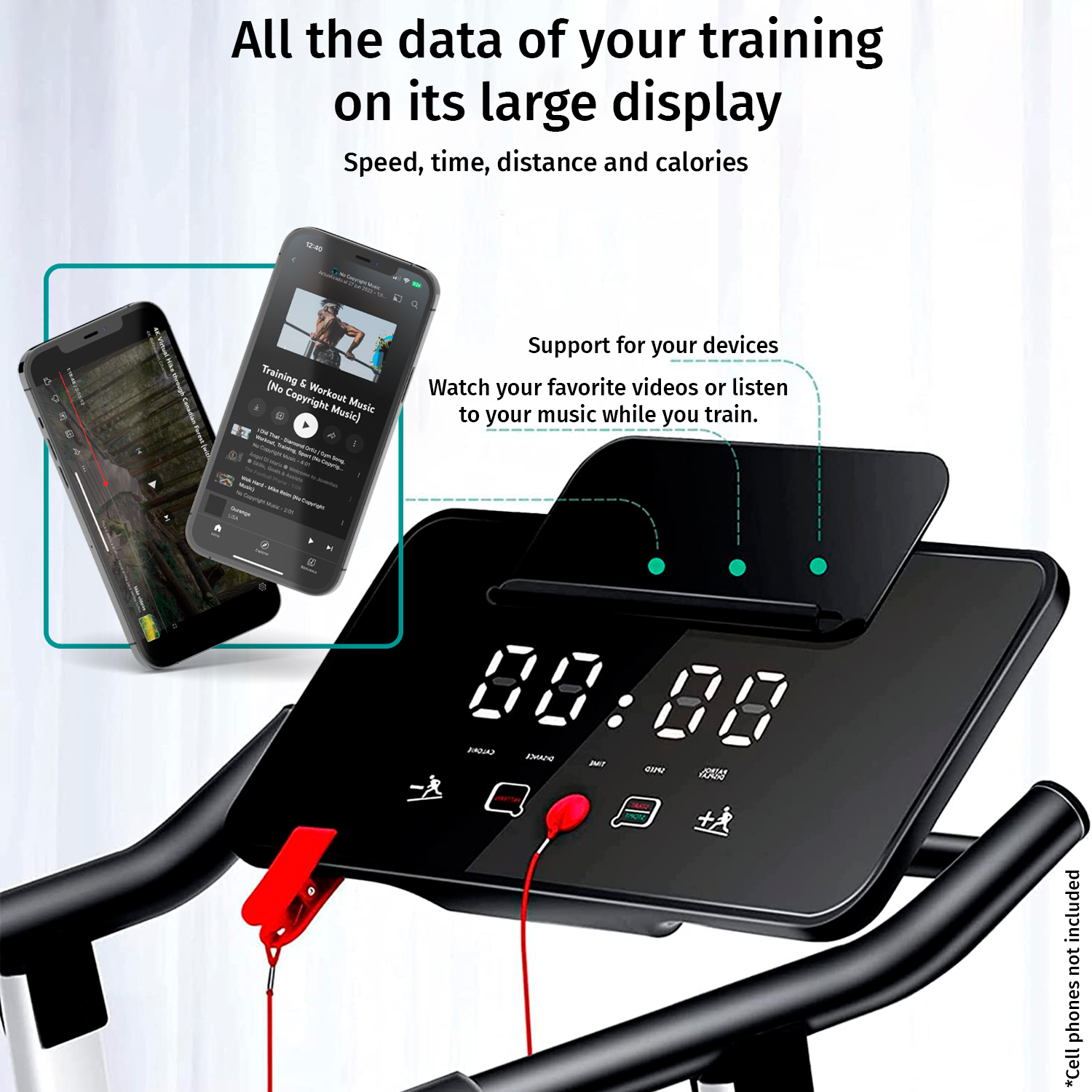 Treadmill with screen showing workout data. Phones with music apps are shown.