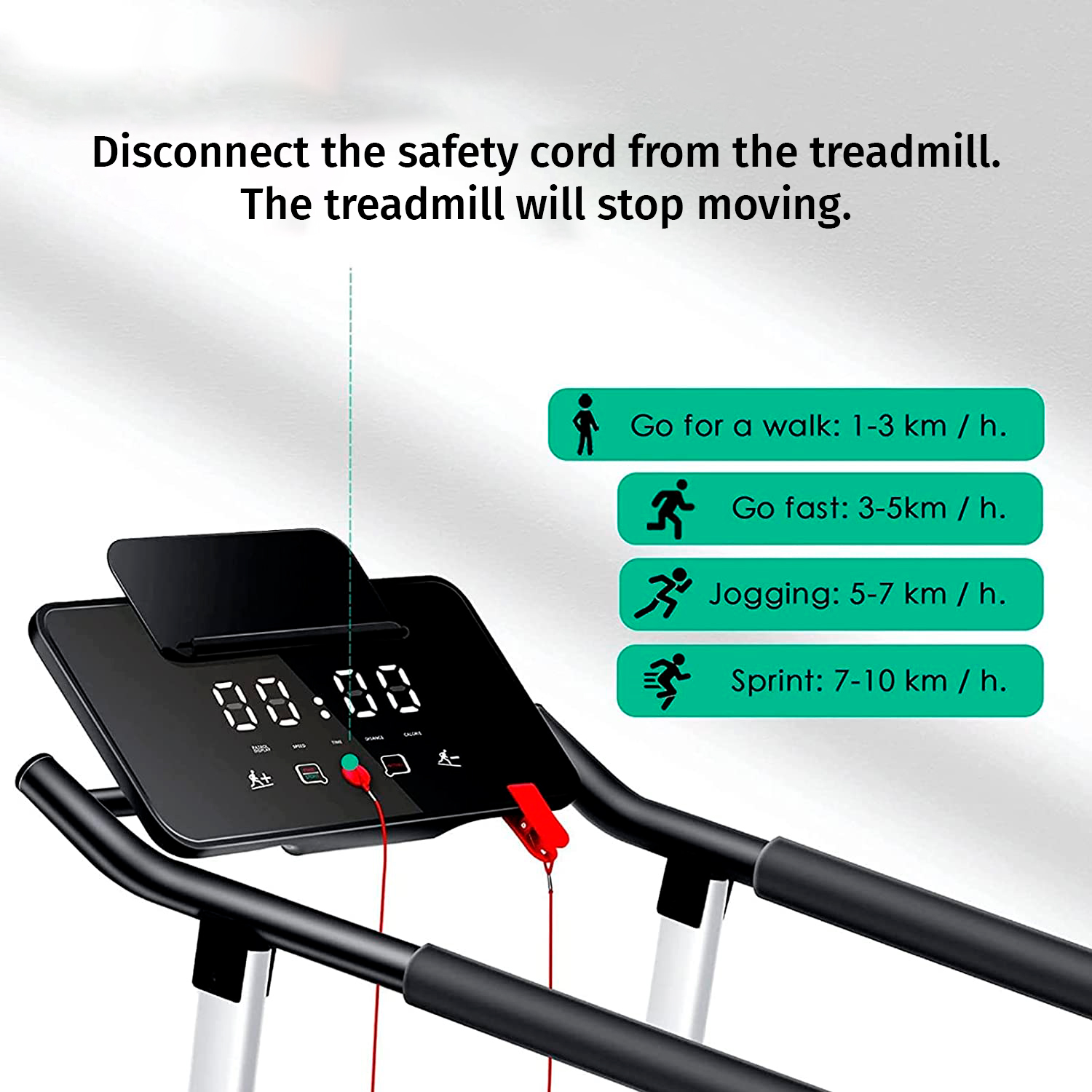 Treadmill with display and safety cord. Instructions for walking, jogging, and sprinting.