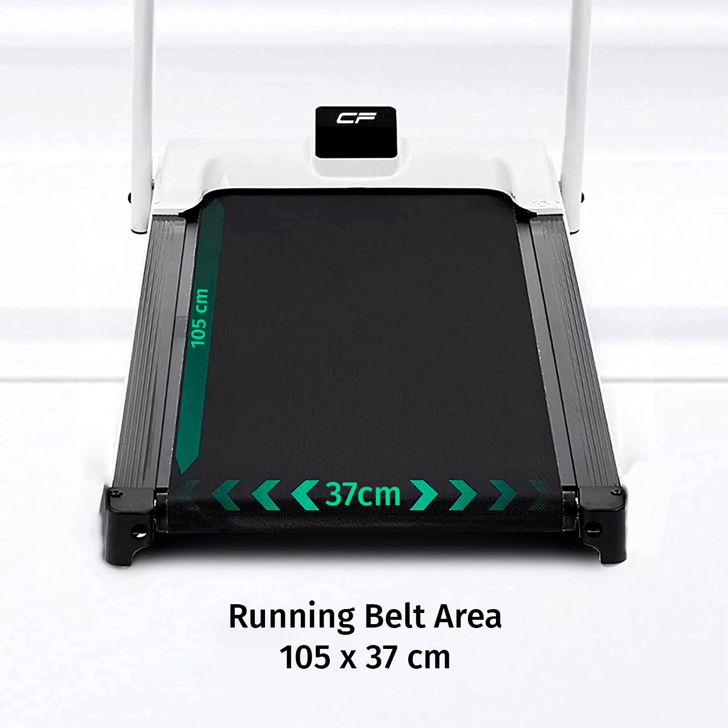 Treadmill belt area, 105 x 37 cm. Black belt, white frame, with green dimension markings.