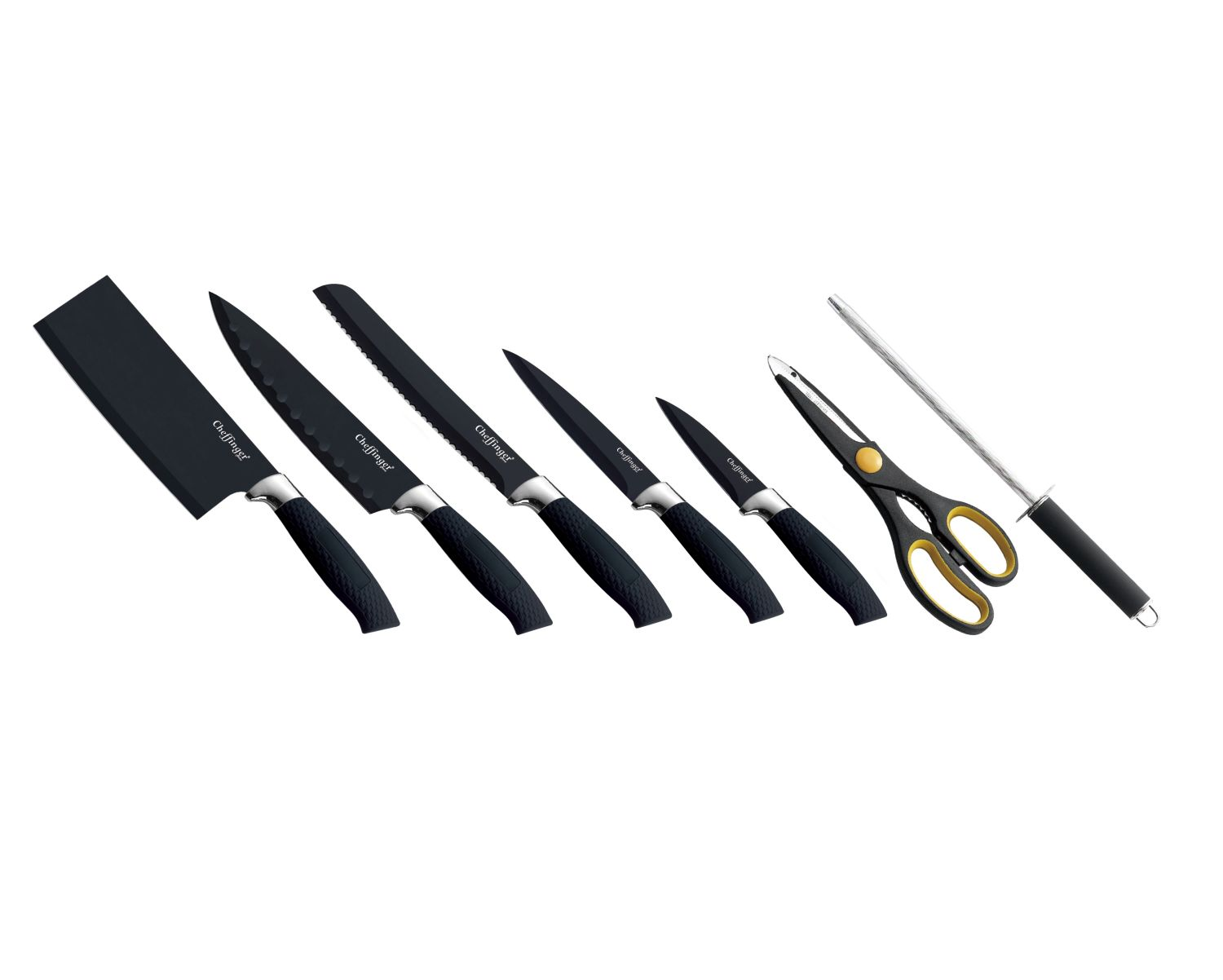 Schwarzes Küchenmesser-Set, Schere und Wetzstahl auf weißem Hintergrund.