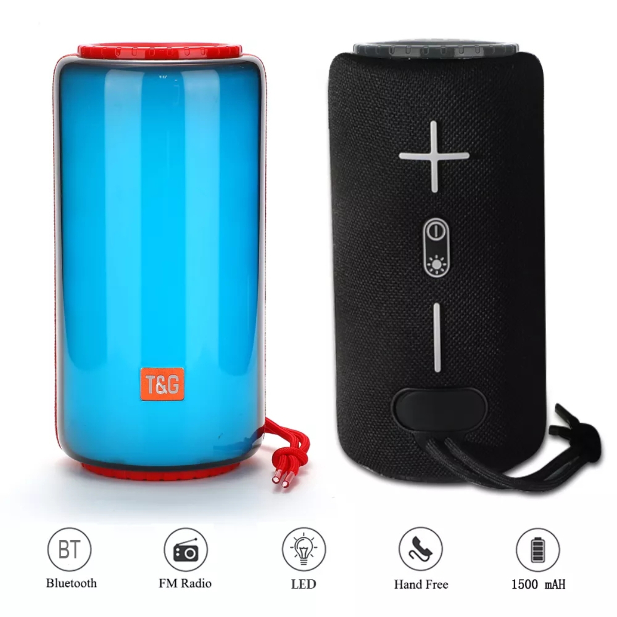 Dos altavoces Bluetooth cilíndricos, uno azul y otro negro, con iconos que indican funciones.