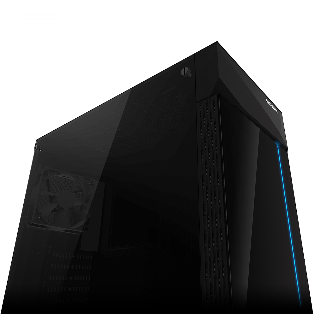 Carcasa de computadora negra, lado de vidrio, luz azul, vista angular.