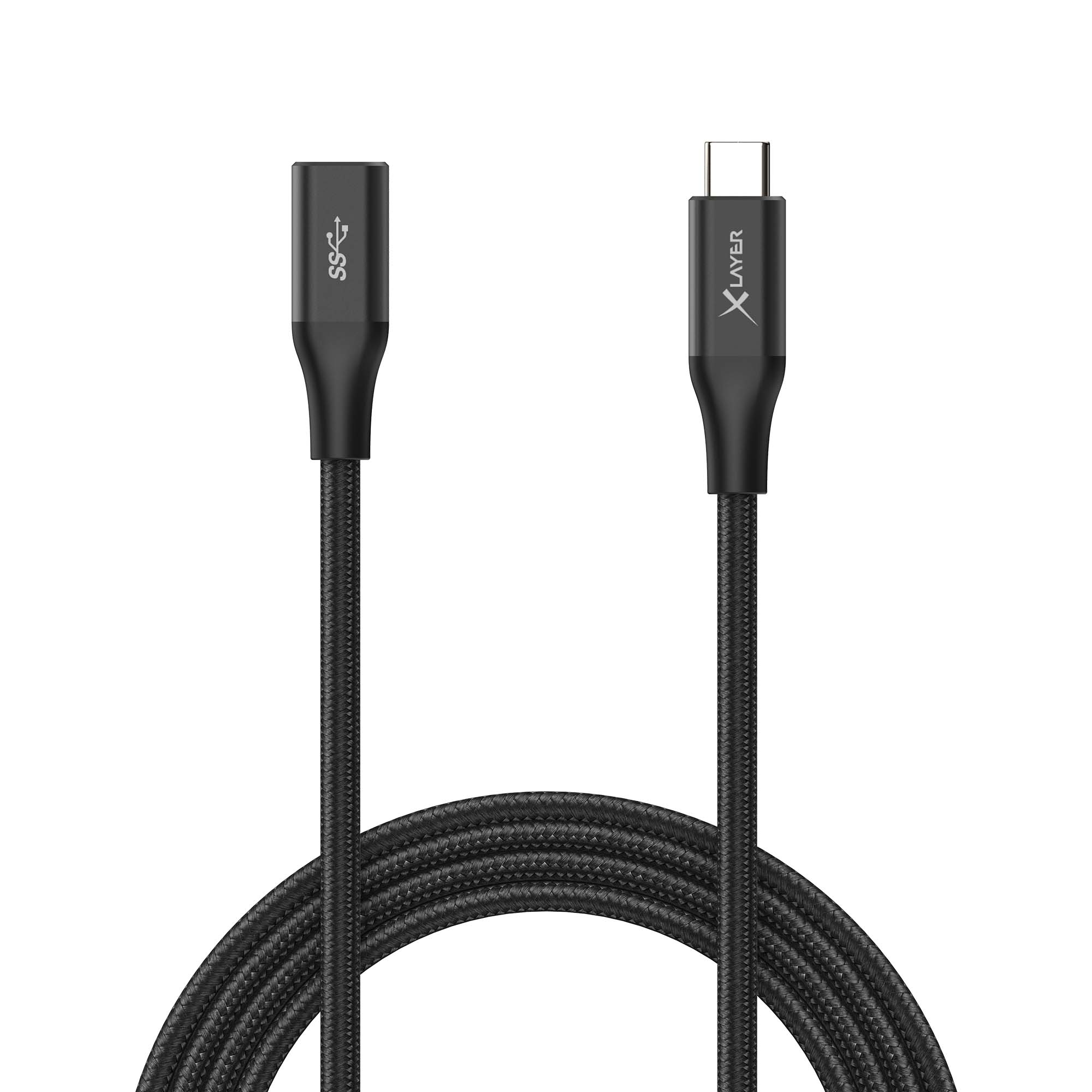Schwarzes USB-C-Kabel mit Anschlüssen an beiden Enden, eines mit Markenlogo, das andere mit SS.