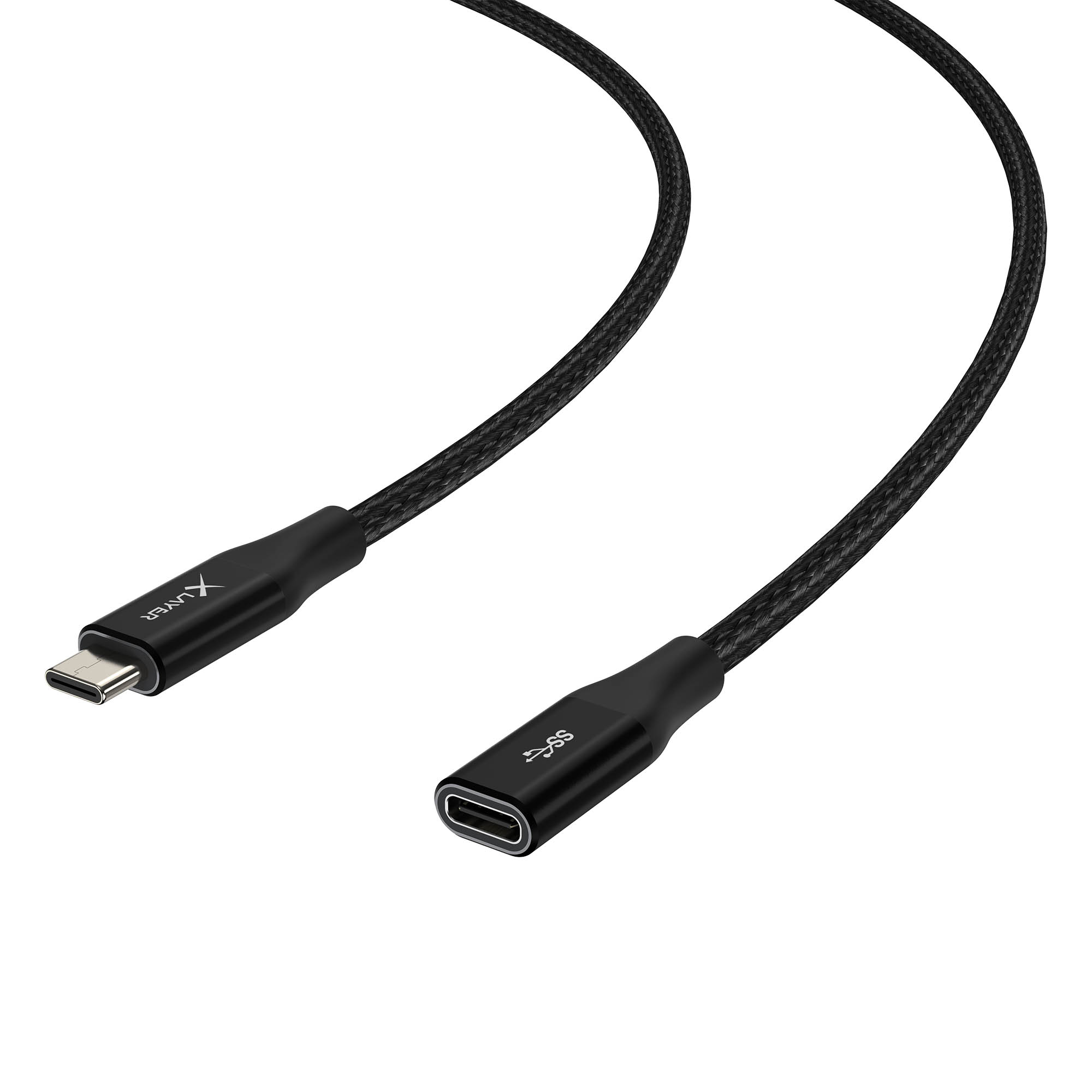 Ein schwarzes USB-C-Kabel mit einem USB-C-Anschluss an einem Ende und einem USB-C-Buchse am anderen.
