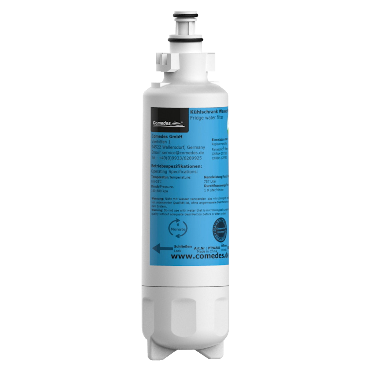 Weißer Wasserfilter mit schwarzem Text und blauen Akzenten. Steht 'Kühlschrank Wasserfilter' und 'Comedes GmbH'.