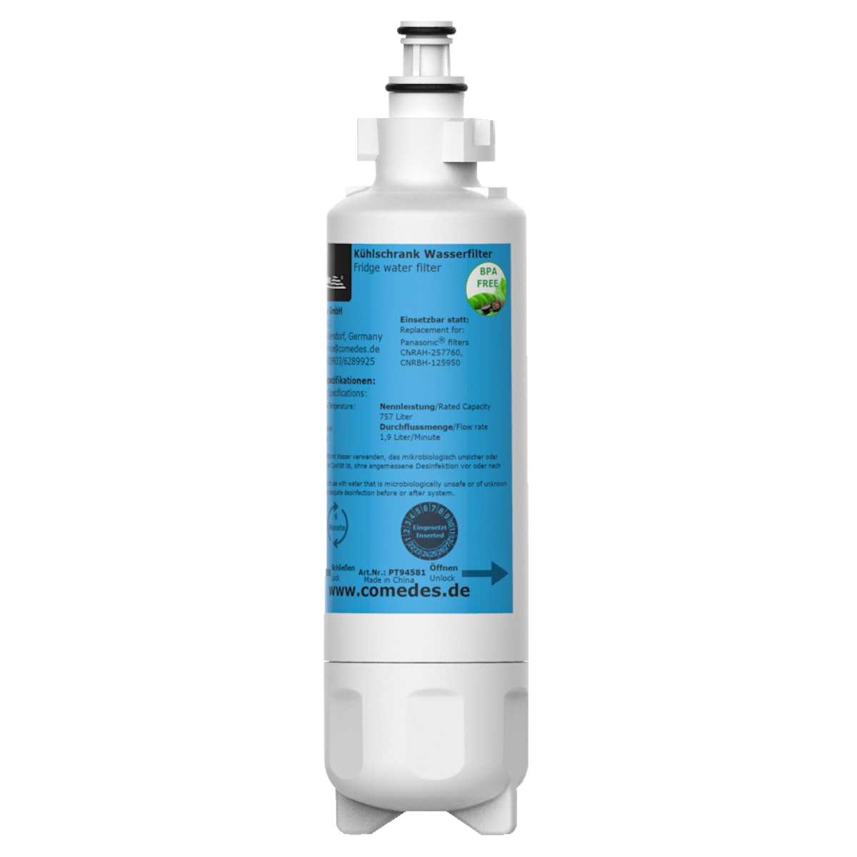 Weißer Wasserfilter mit blauem Etikett und grünem BPA FREE Logo.