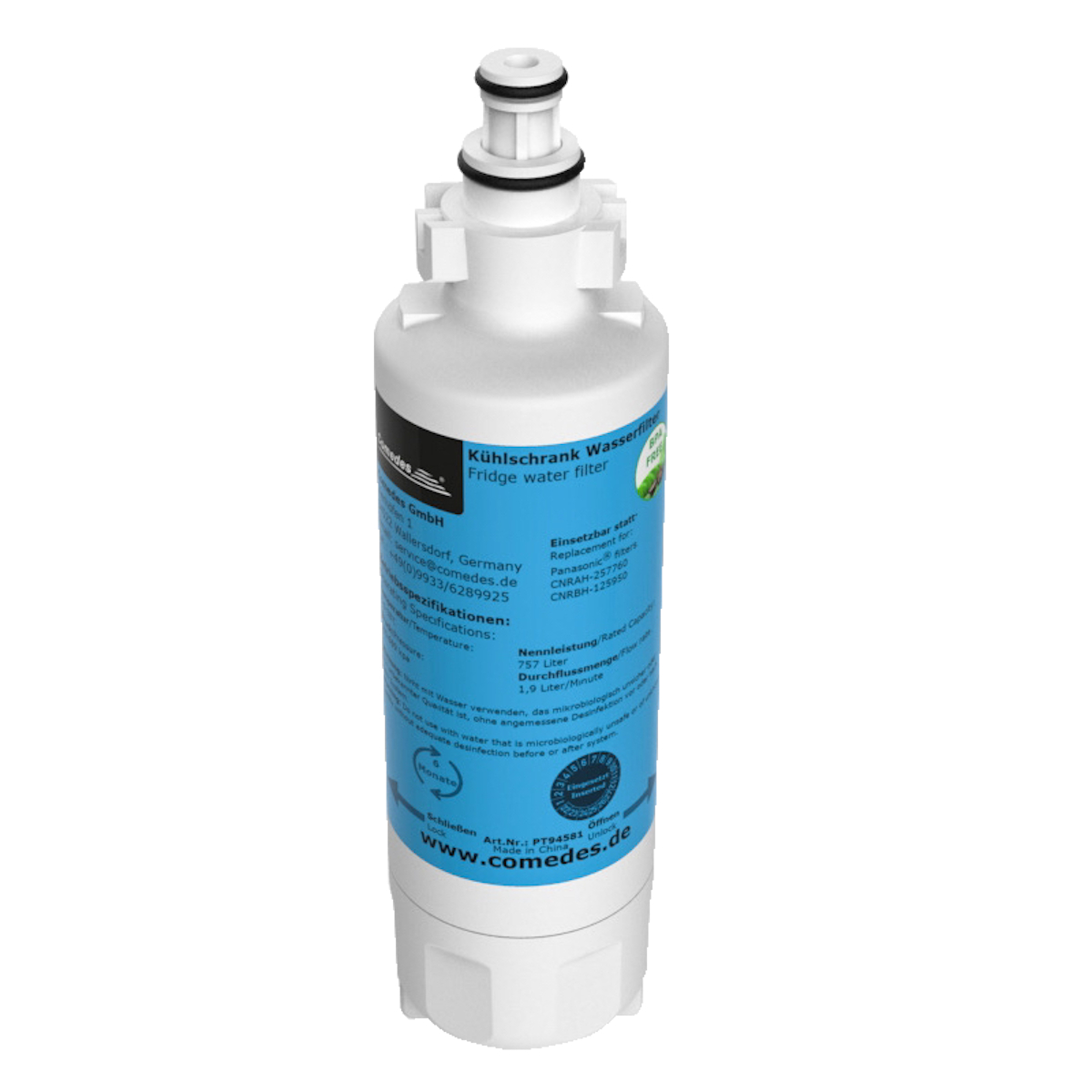 Weiß-blauer Kühlschrank-Wasserfilter. Zylindrische Form mit Text und Etiketten.