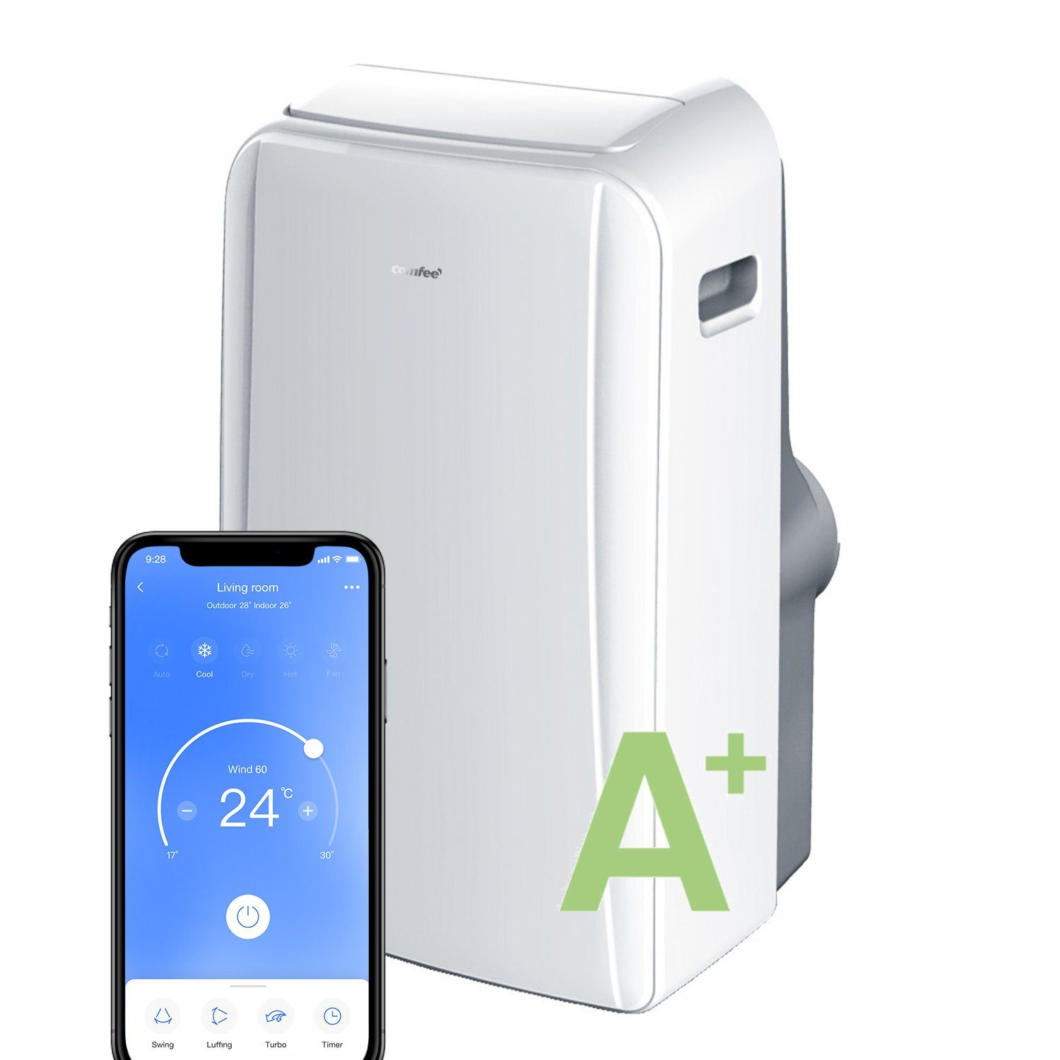 Eine weiße Klimaanlage mit Digitalanzeige und ein Telefon, das den Bildschirm zeigt.