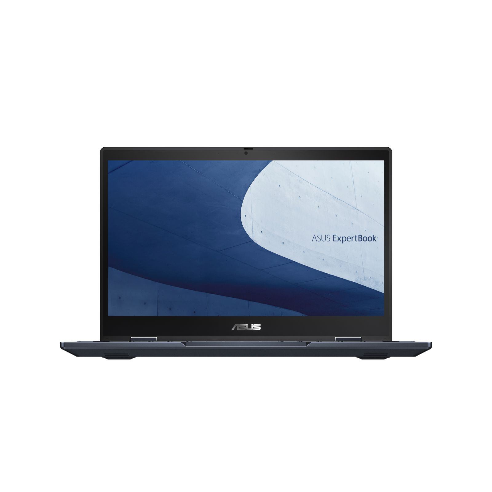 Laptop con ASUS ExpertBook sullo schermo. Colore blu scuro. Sfondo bianco.