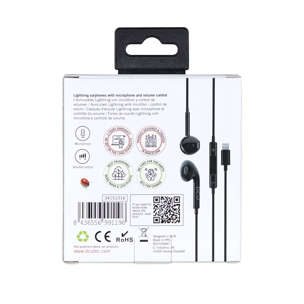 Oortelefoons in een doos met tekst en afbeeldingen. Inclusief Lightning-connector.