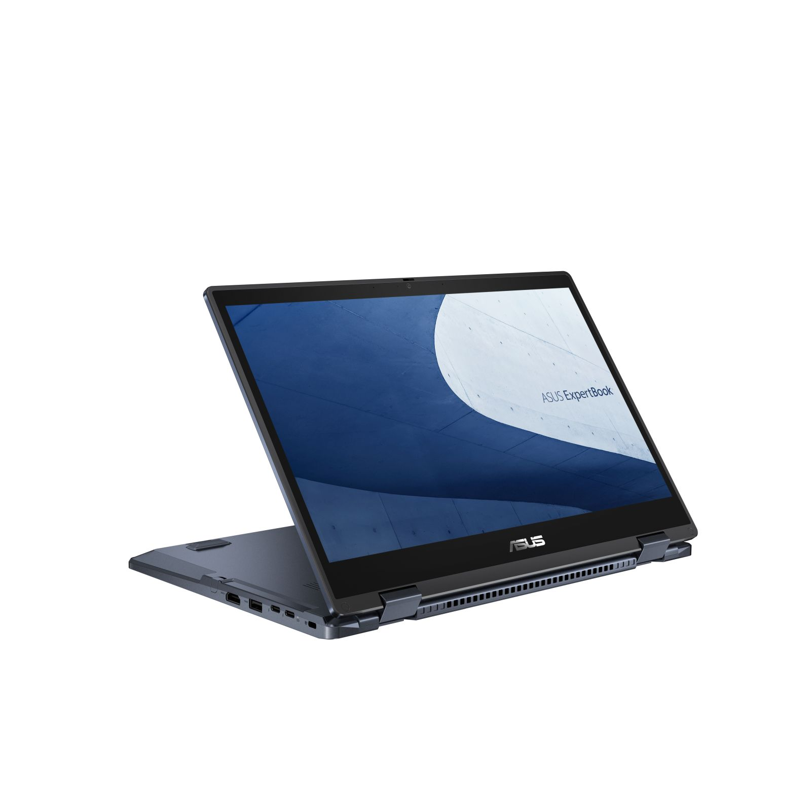 Laptop ASUS ExpertBook, aperto. Lo schermo mostra un motivo astratto blu e bianco.