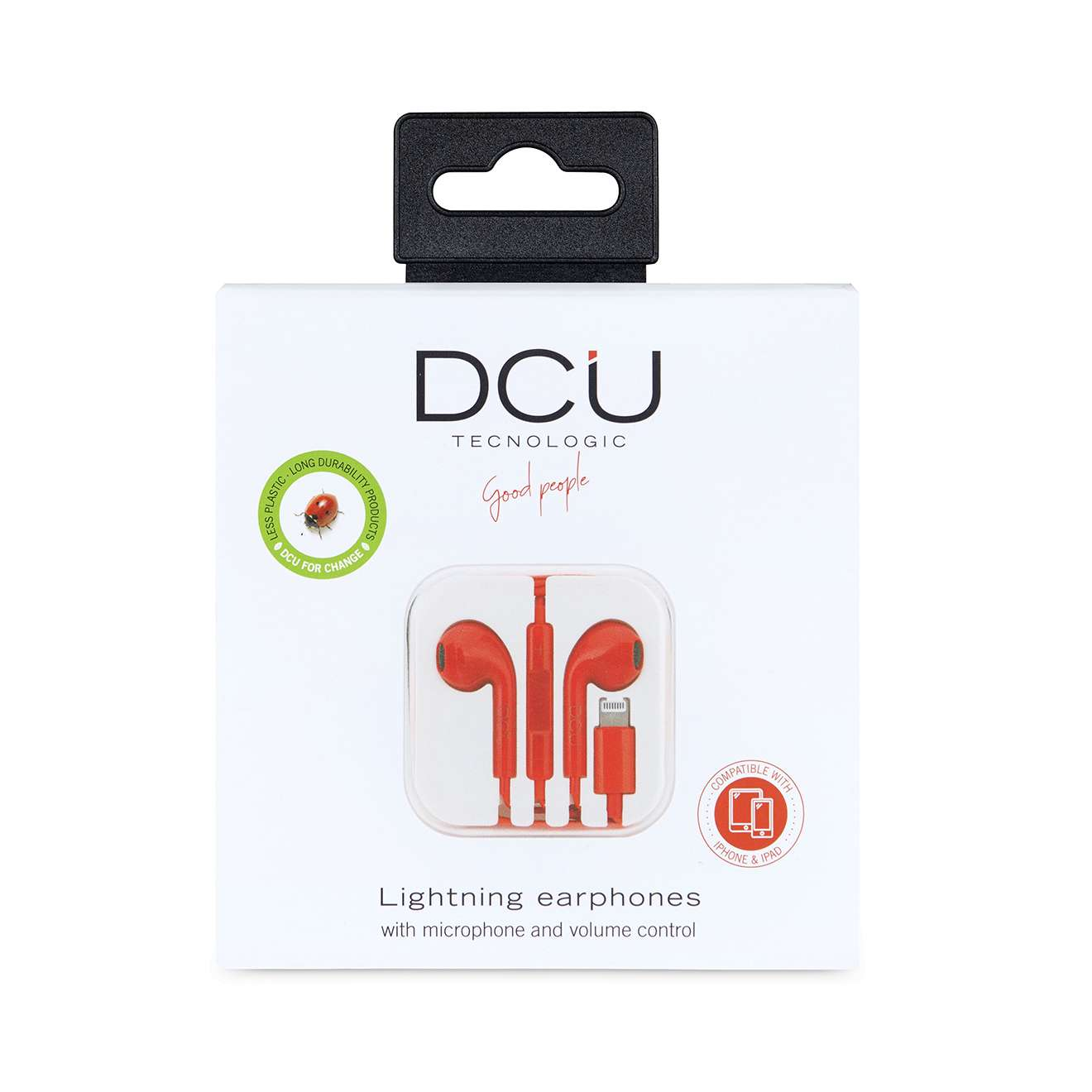 Auriculares Lightning naranjas empaquetados con micrófono y control de volumen.