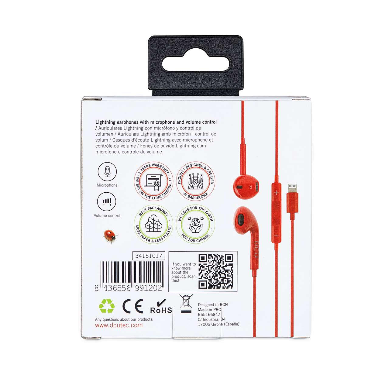 Auriculares rojos en una caja blanca con cables rojos. El embalaje incluye información del producto.