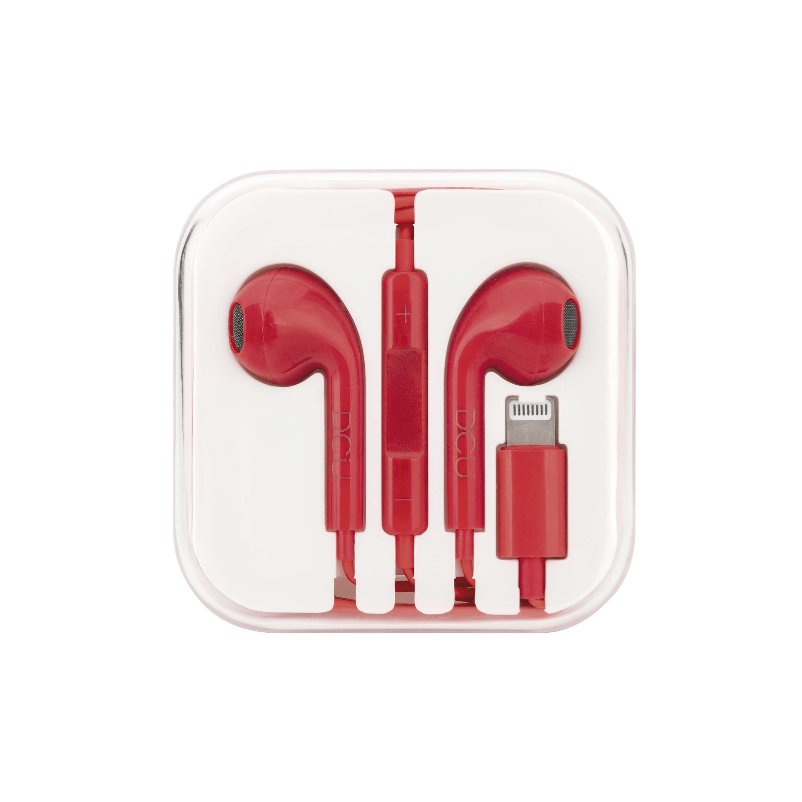 Auriculares rojos en una funda transparente. Conector Lightning visible.