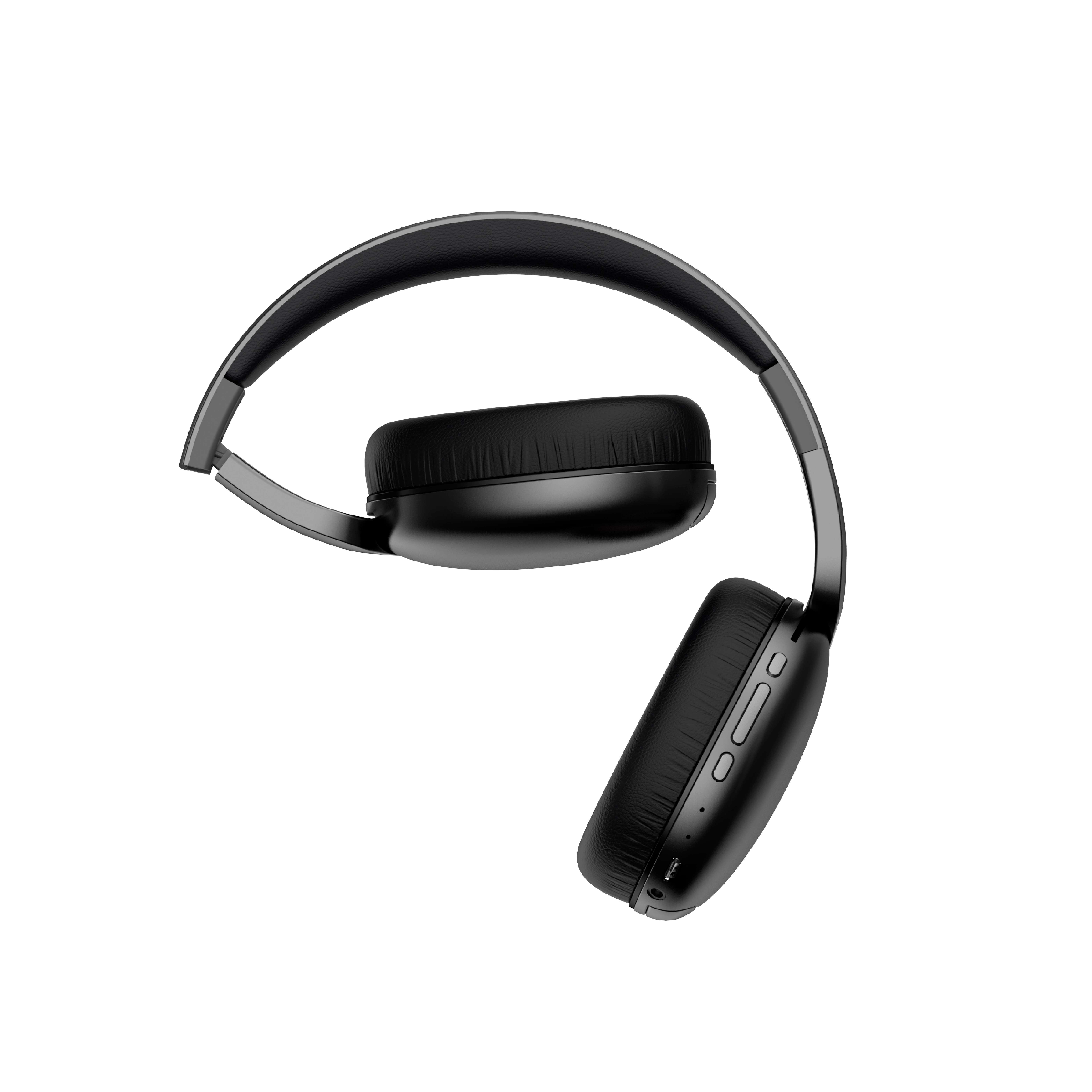 Czarne słuchawki, złożone, na białym tle.