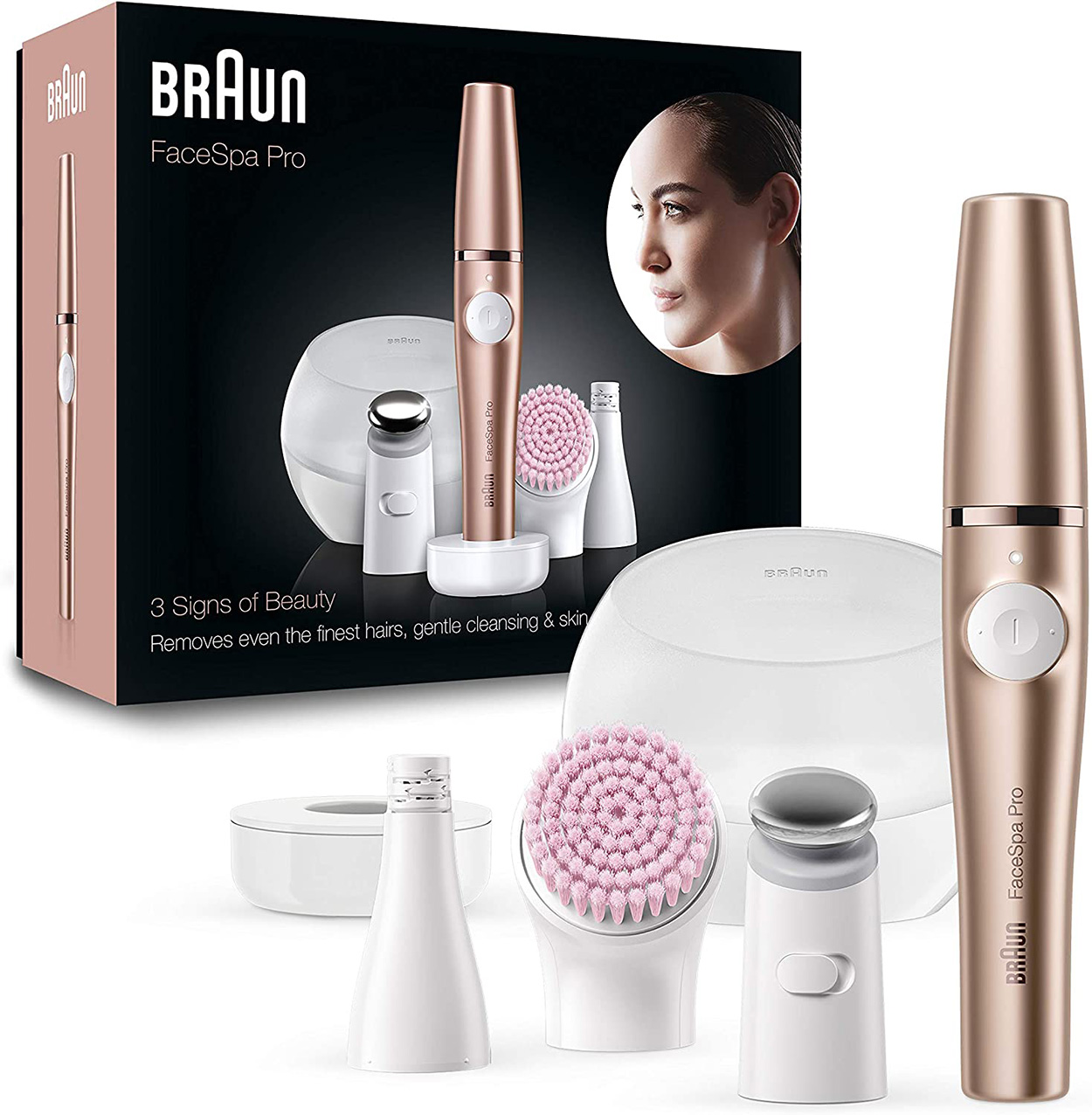 Pudełko Braun FaceSpa Pro z wieloma nasadkami i urządzeniem głównym. Pokazano twarz kobiety.