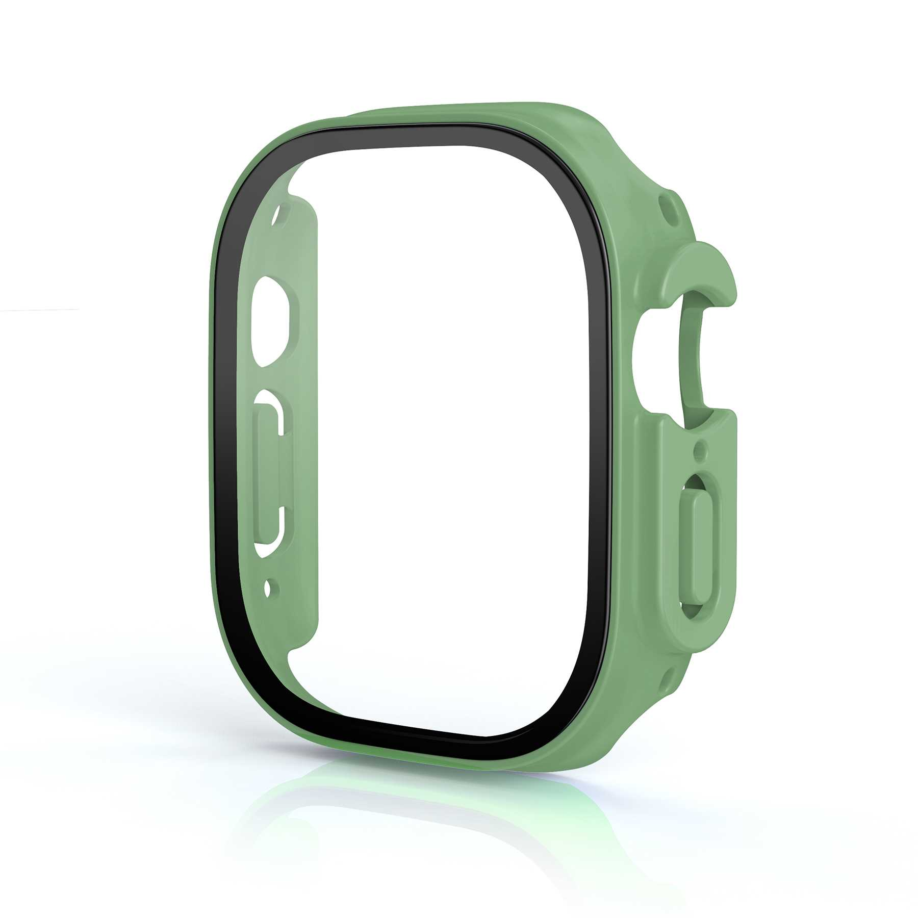 Eine grüne Hülle um eine Uhr. Sie hat einen schwarzen Bildschirmschutz. Die Uhr befindet sich auf weißem Hintergrund.