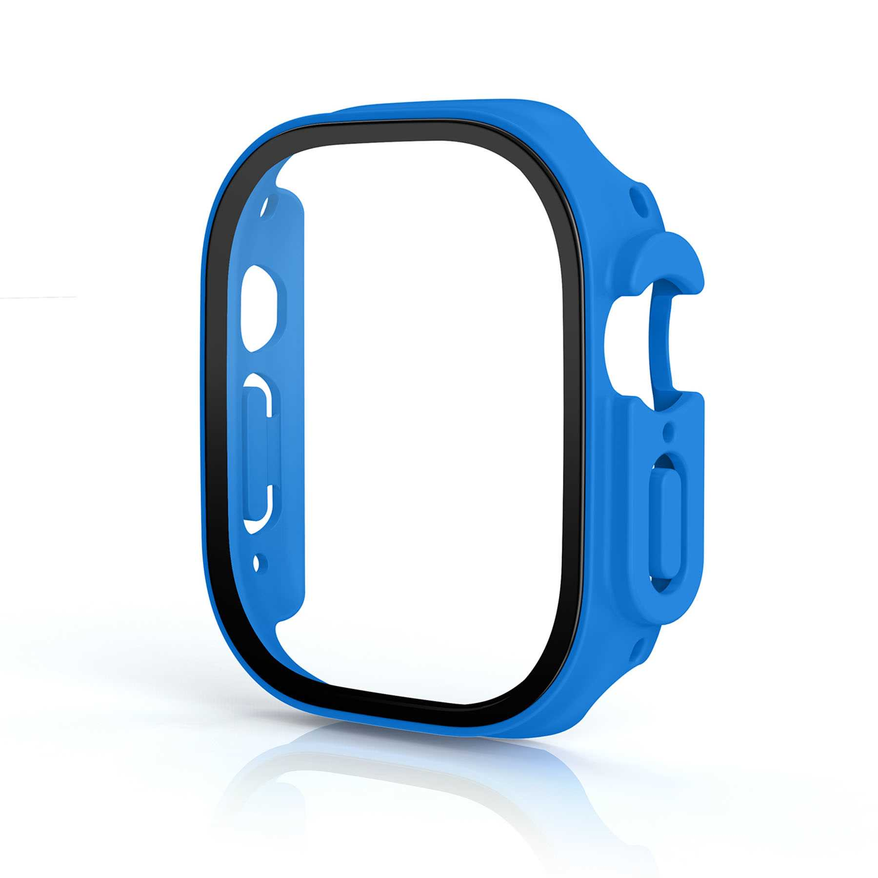 Eine blaue Apple Watch Hülle mit schwarzem Rand, vor weißem Hintergrund. Das Design ist einfach und schützend.