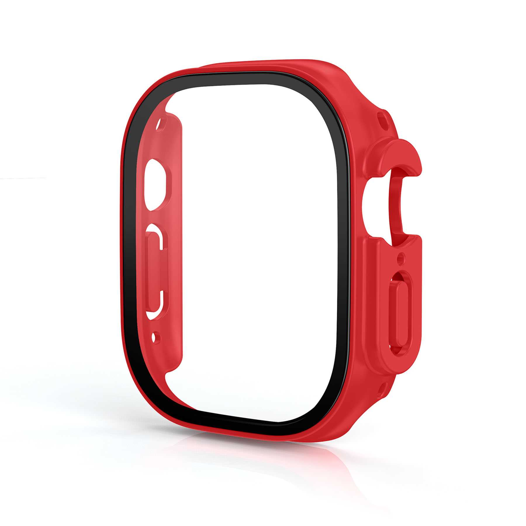 Eine rote Apple Watch Hülle mit schwarzem Rand und Aussparungen. Die Hülle schützt den Bildschirm.