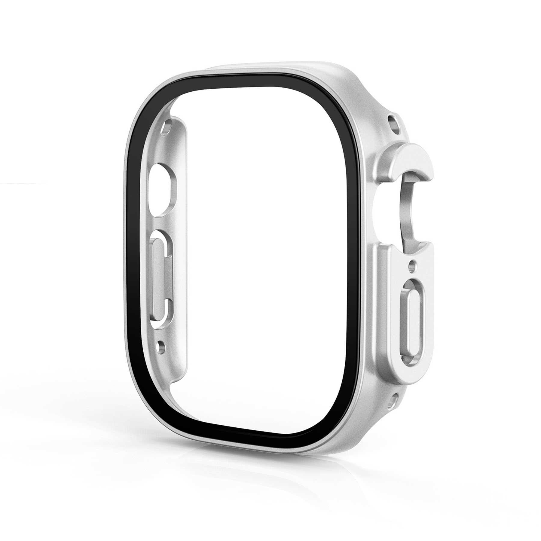 Silbernes Apple Watch Ultra-Gehäuse mit schwarzem Rahmen. Es hat Öffnungen für die Tasten und die Krone.