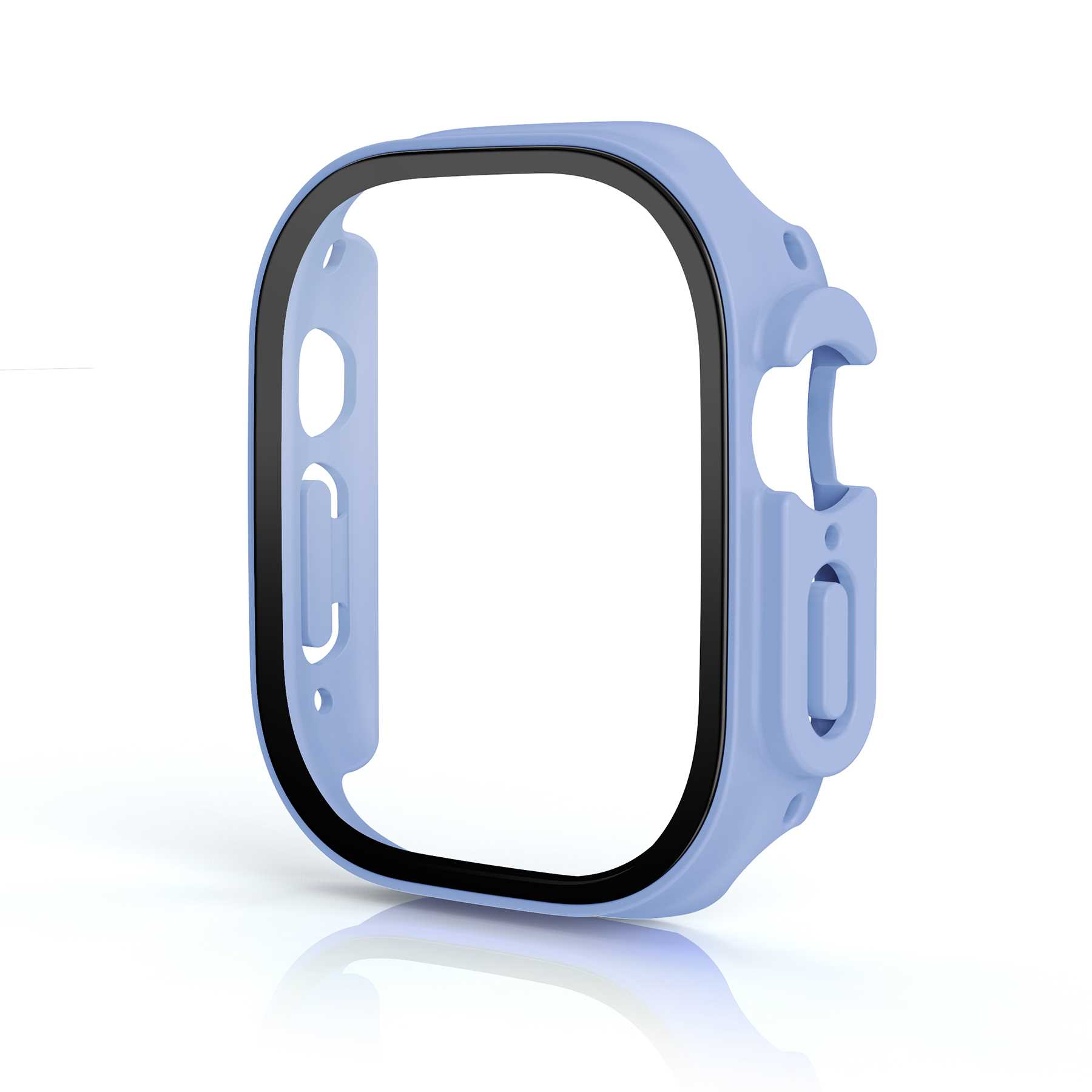 Eine hellblaue Schutzhülle für eine Smartwatch, isoliert auf weißem Hintergrund.