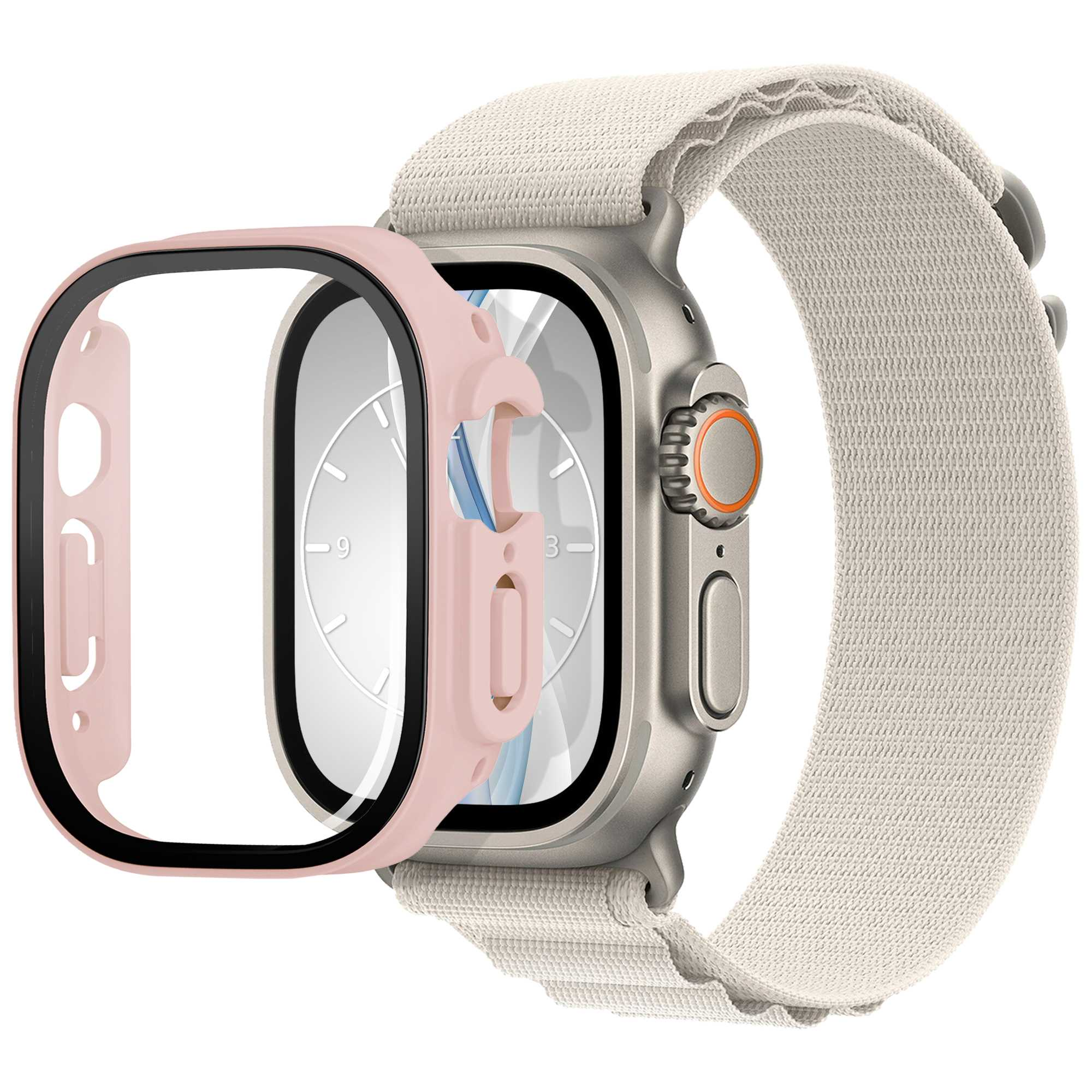 Rosa und silberfarbene Smartwatch mit Gehäuse und Armband. Die Uhr zeigt die Zeit. Das Gehäuse ist rosa, das Armband beige.