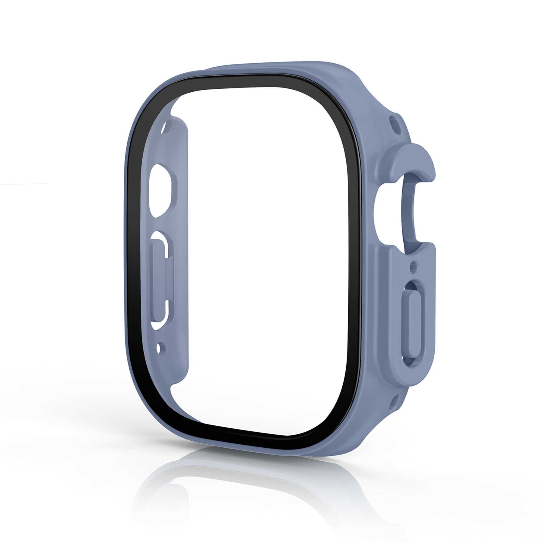 Hellblaue Apple Watch Hülle mit schwarzem Displayschutz, isoliert auf Weiß.