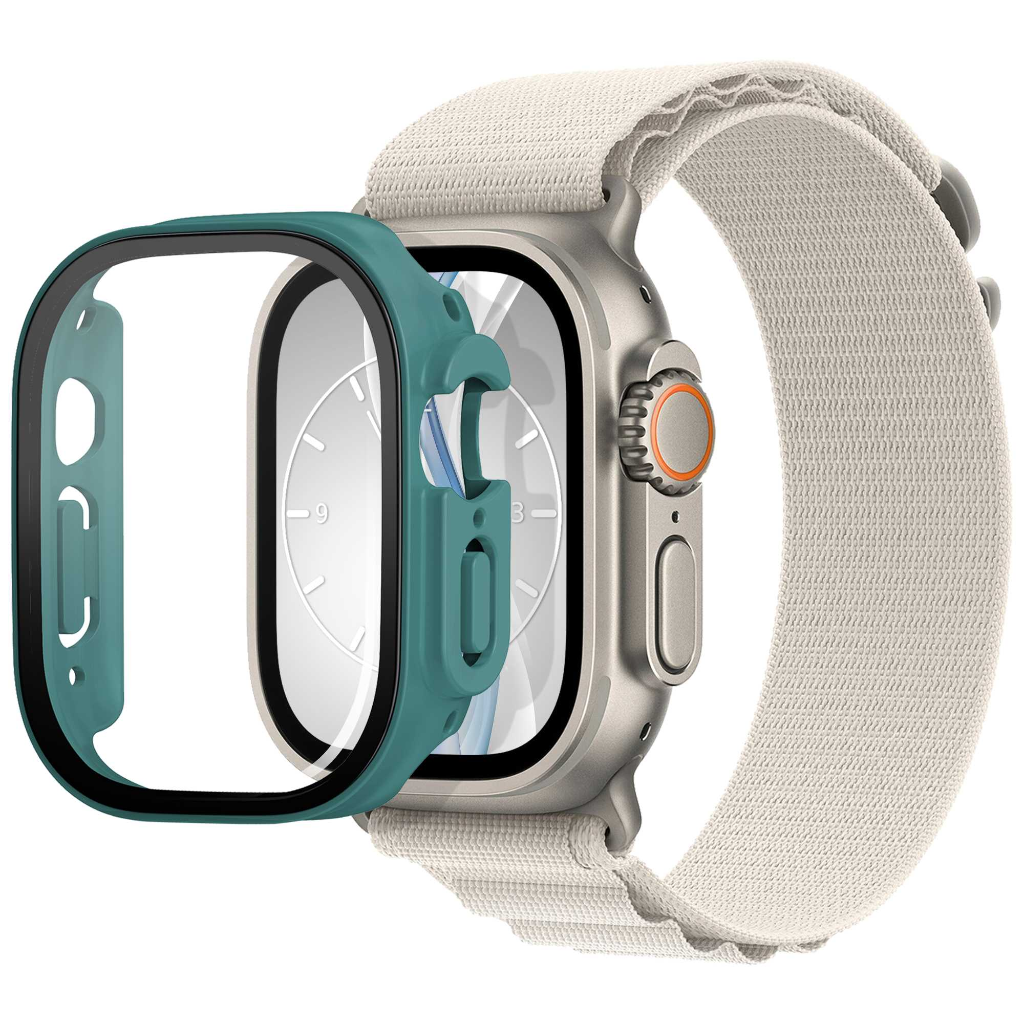 Silberne Apple Watch mit türkisfarbenem Gehäuse und beigem Armband. Gehäuse ist abgenommen. Die Uhr liegt auf weißem Untergrund.
