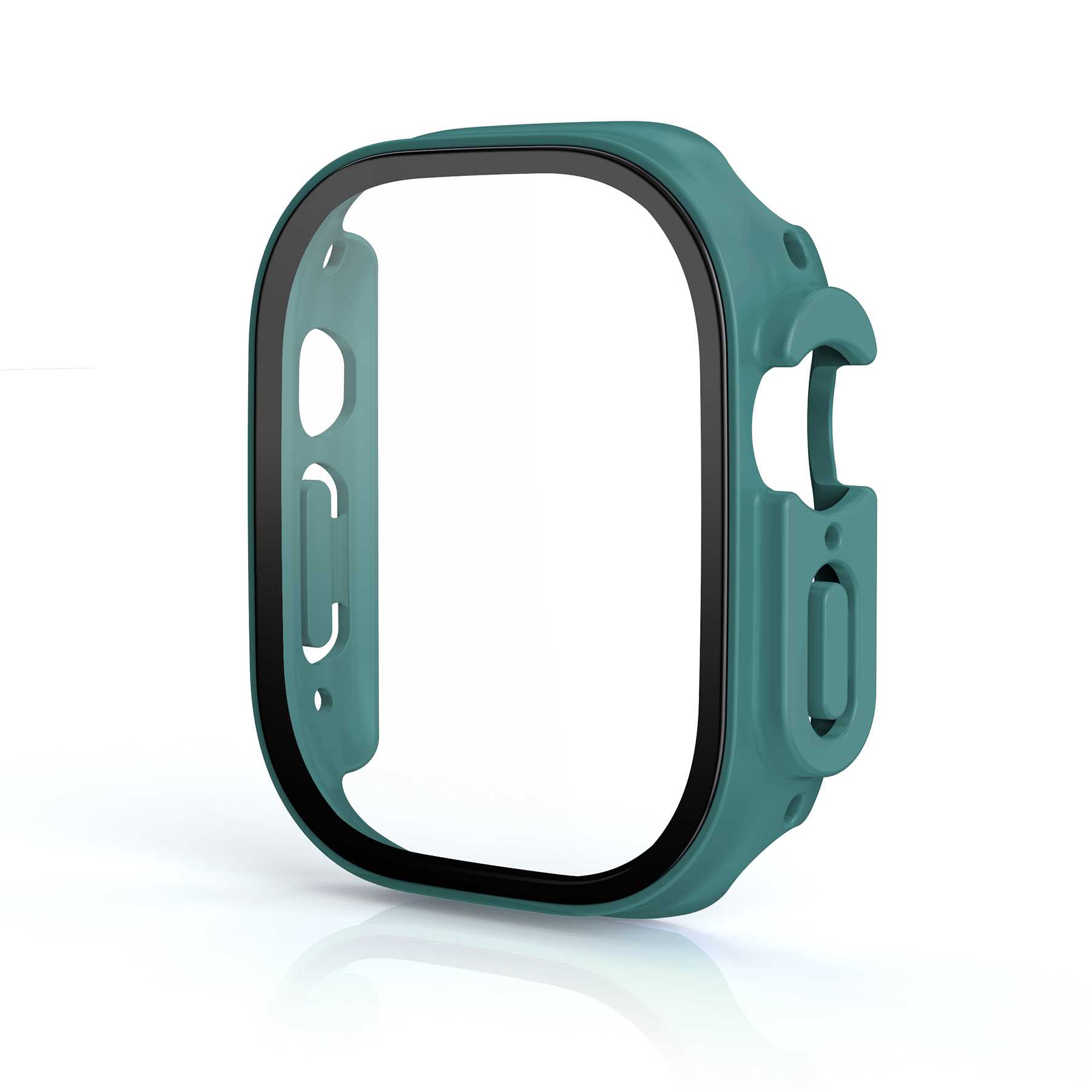 Eine türkisfarbene Apple Watch Hülle mit schwarzem Rand. Es liegt auf einer weißen Oberfläche.