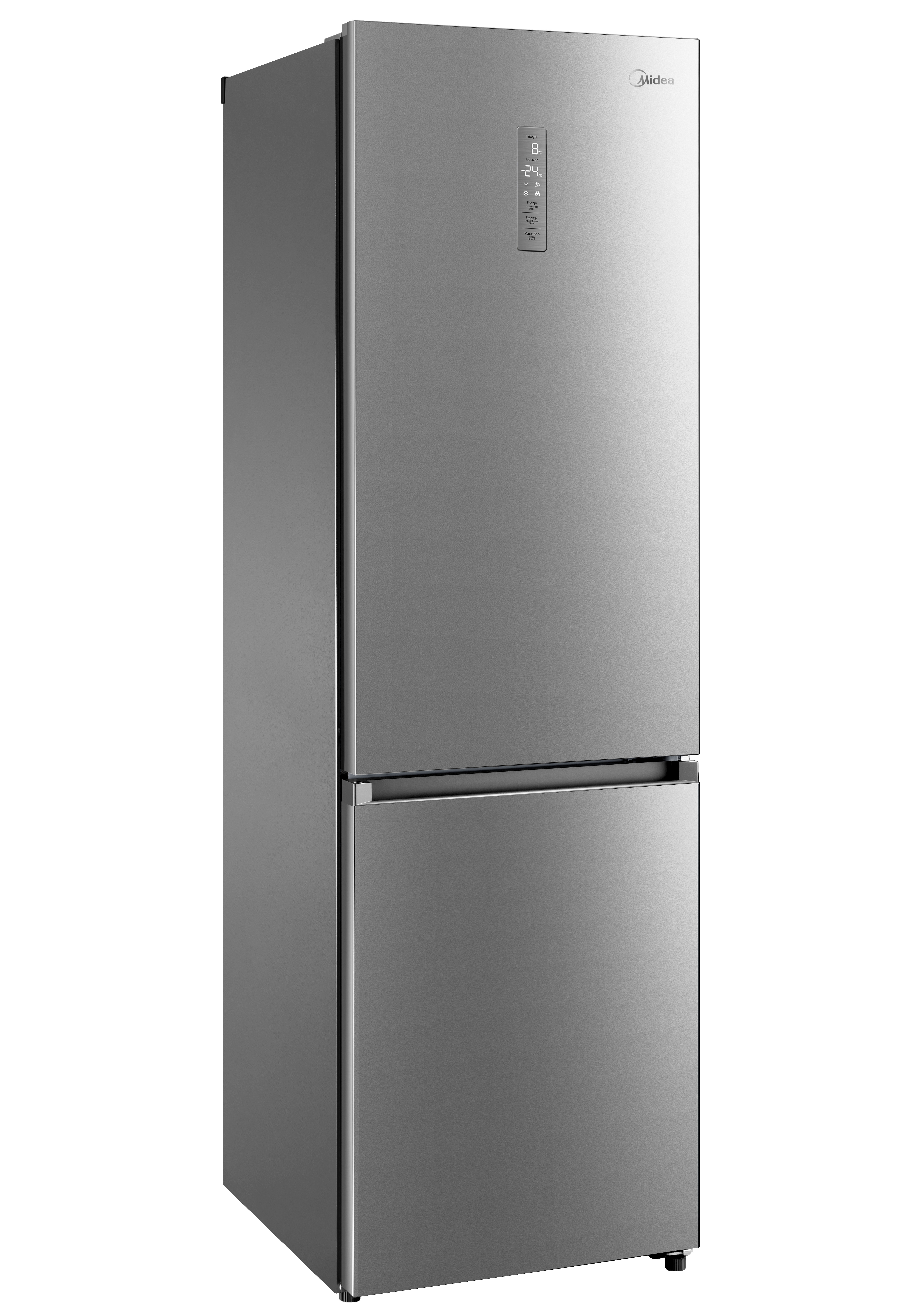 Ein silberner Midea-Kühlschrank mit zwei Türen. Digitalanzeige an der oberen Tür.