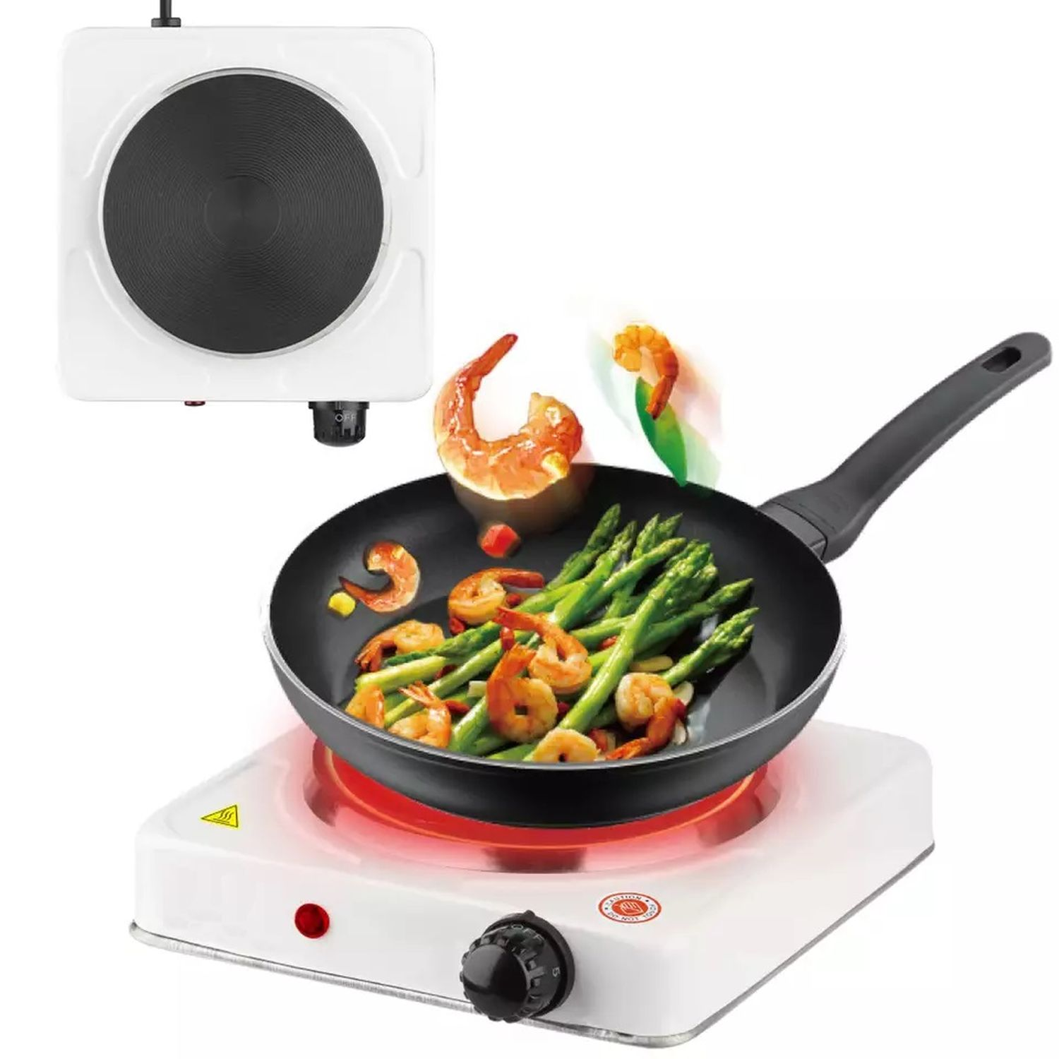 Eine weiße elektrische Kochplatte mit schwarzer Kochfläche. Eine Bratpfanne mit Garnelen und Spargel steht darauf.