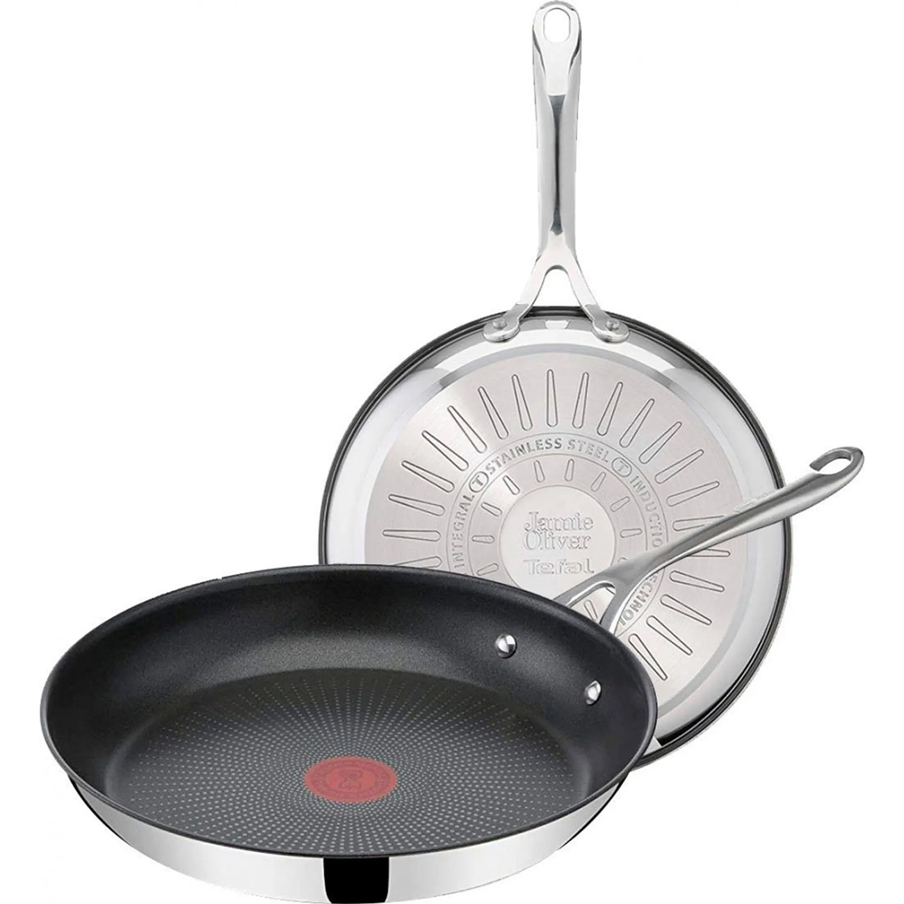Das Bild zeigt zwei Pfannen. Eine zeigt den Boden mit den Logos von Jamie Oliver und Tefal.