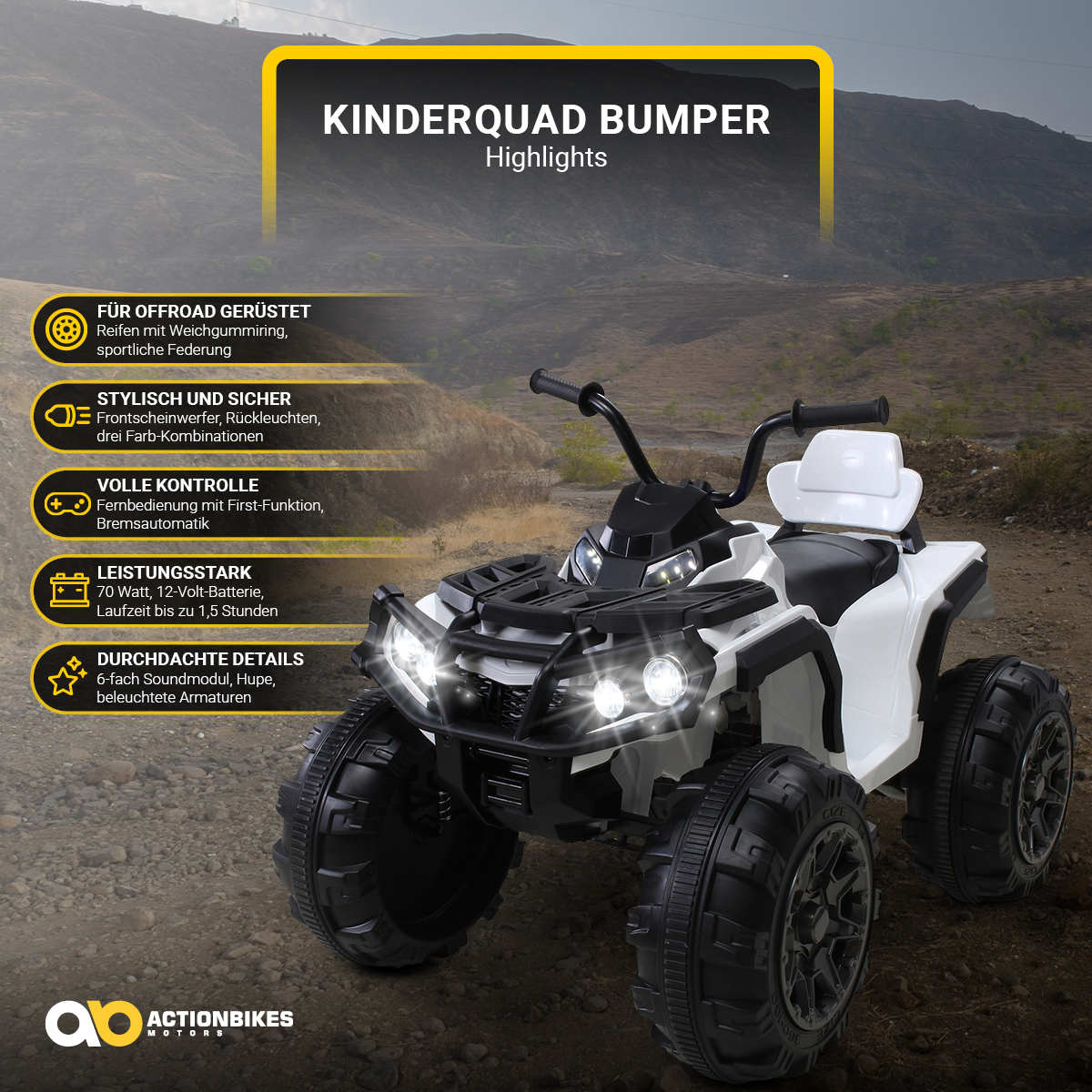 Ein weißes und schwarzes Spielzeug-ATV wird mit Textbeschreibungen gezeigt.