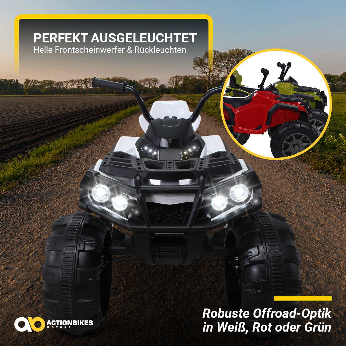 Weißes ATV mit hellen Scheinwerfern und zwei weiteren ATVs in Rot und Grün auf brauner Straße.