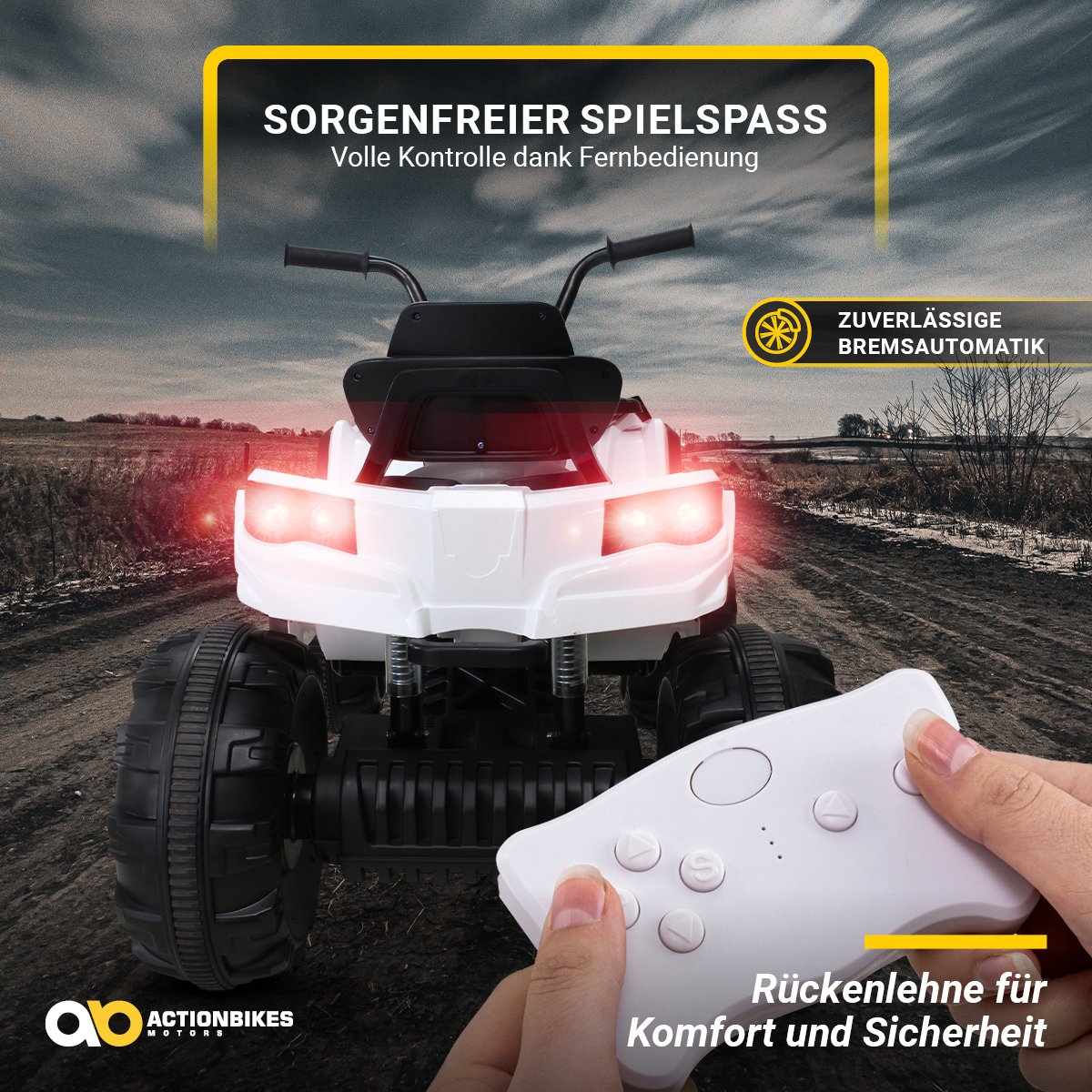 Weißes Spielzeug-ATV mit Fernbedienung. Hebt den Satz 'Sorgenfreier Spielspaß' und 'Zuverlässige Bremserautomatik' hervor.