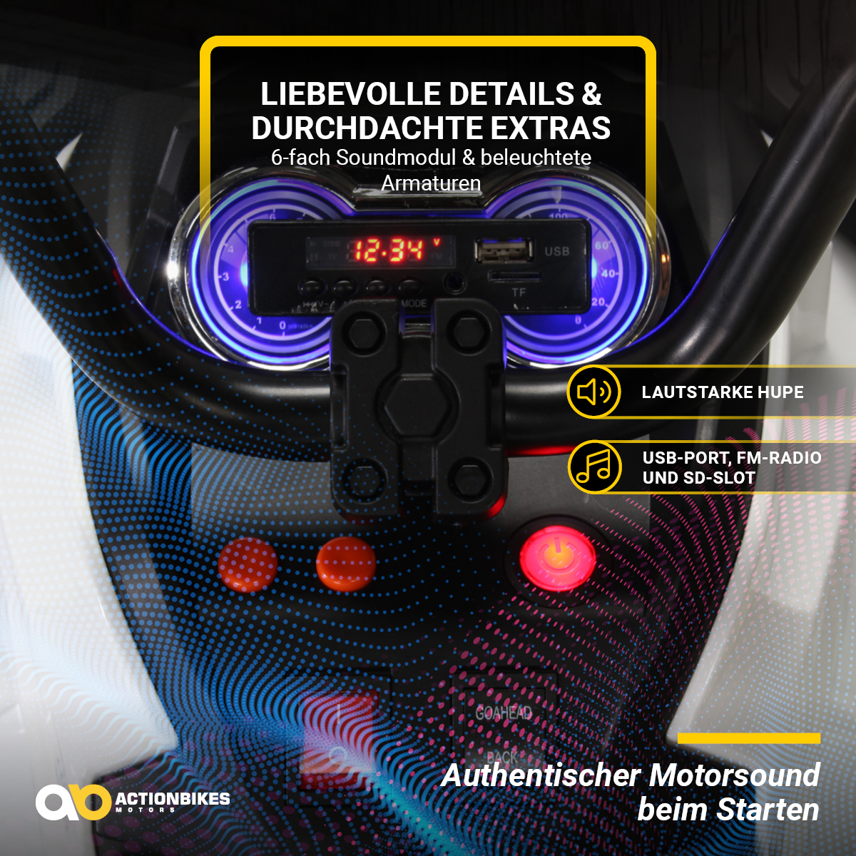 Armaturenbrett eines Elektroautos für Kinder mit Lichtern und Knöpfen. Text: Authentischer Motorsound beim Start.