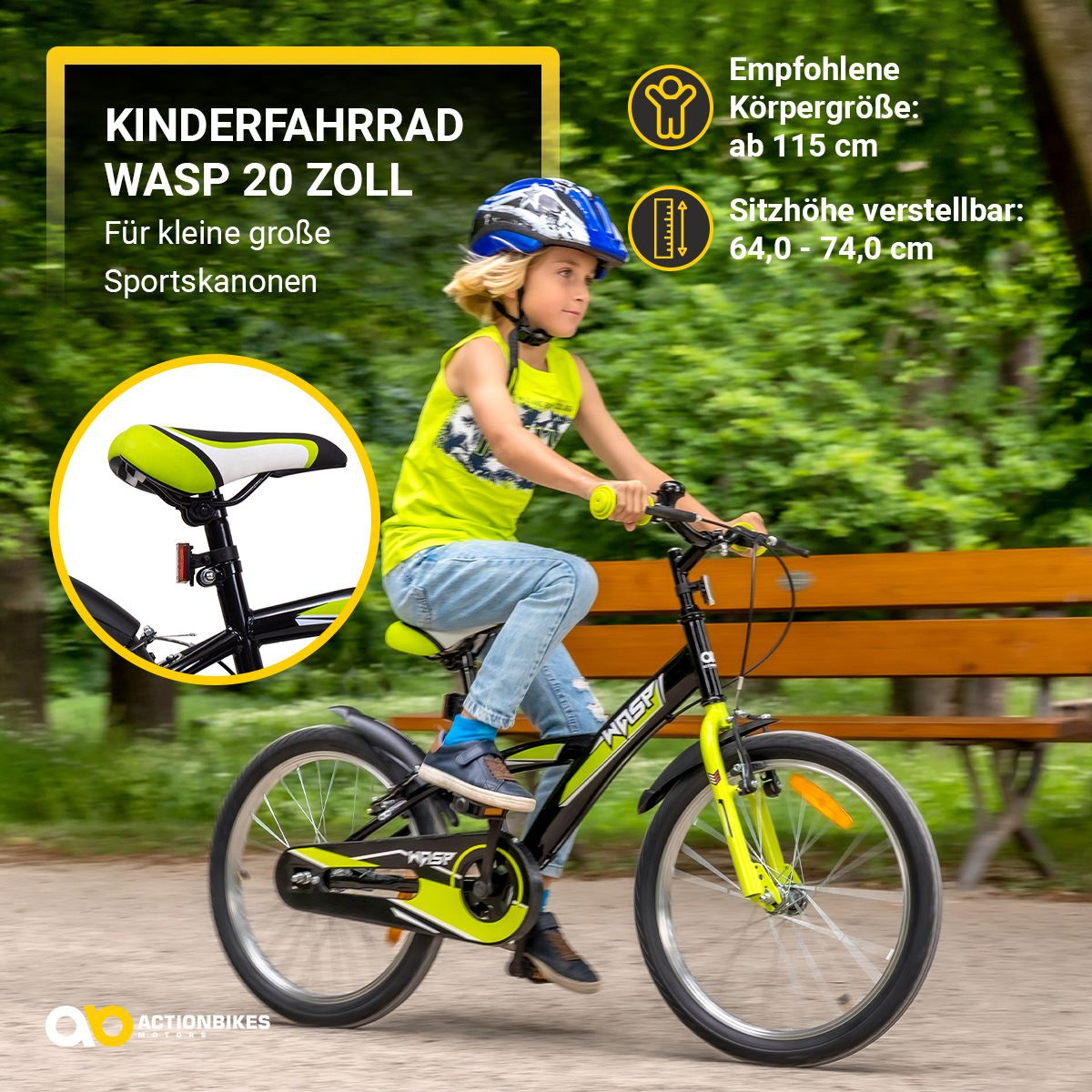 Ein Kind fährt mit einem schwarz-gelben Fahrrad auf einem Parkweg. Text auf Deutsch zum Fahrrad.