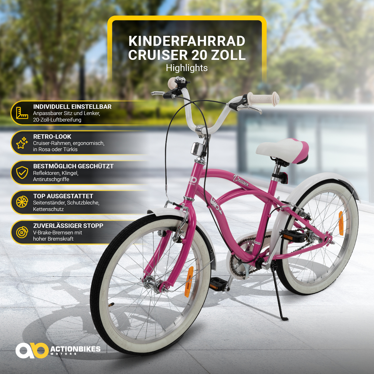 Pinkfarbenes Cruiser-Fahrrad, weiße Reifen, weiße Schutzbleche und Text-Overlay. Zeigt Fahrradmerkmale.