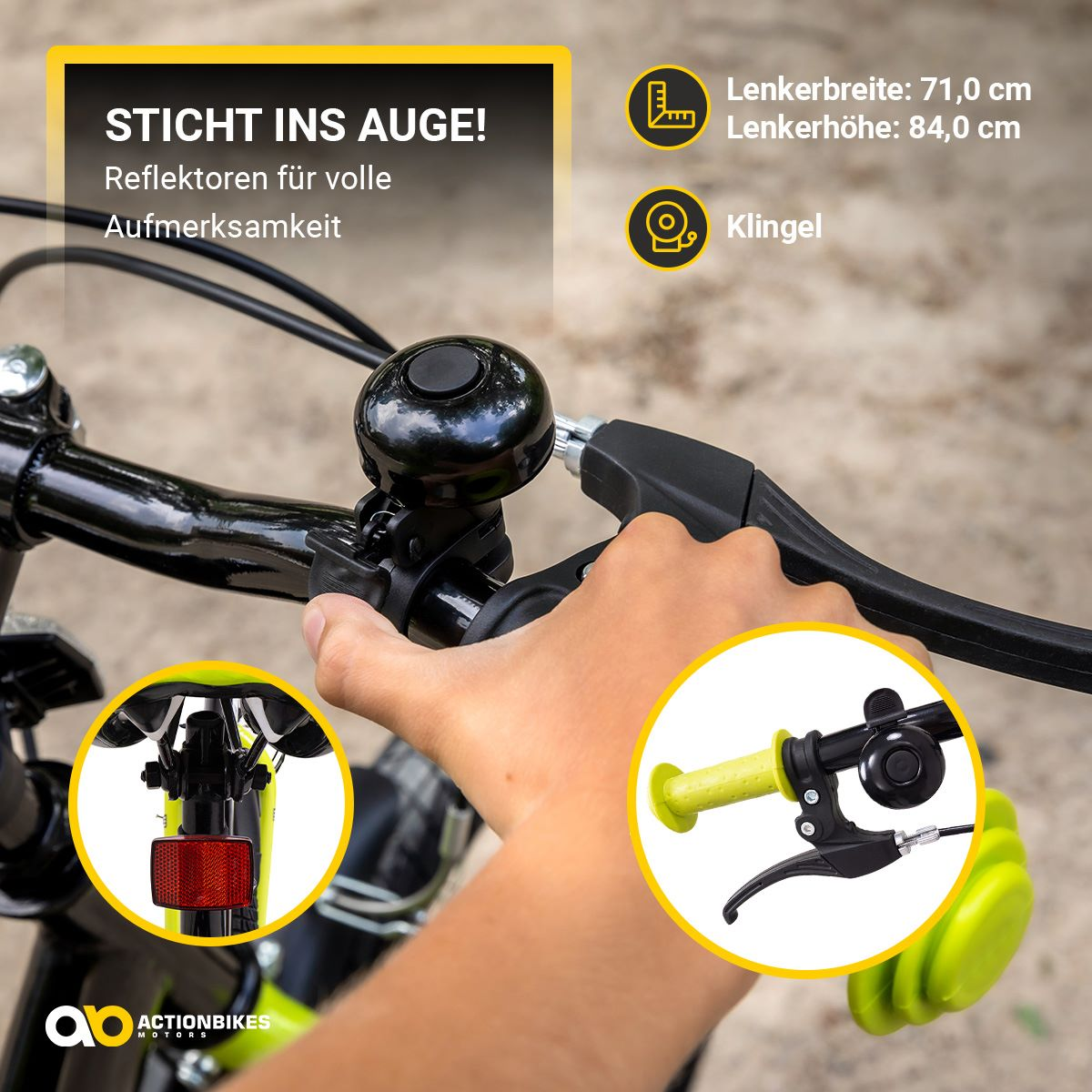 Fahrradlenker mit Klingel und Reflektoren. Hand greift den Bremshebel. Textetiketten sind vorhanden.