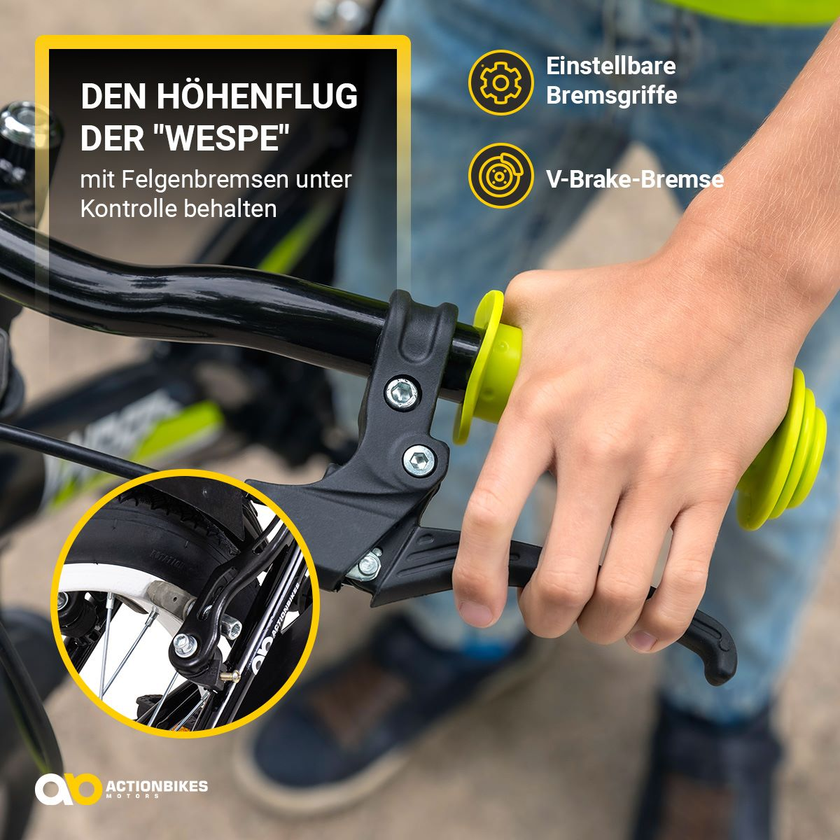 Nahaufnahme einer Hand, die einen Fahrradbremshebel hält, mit Text.