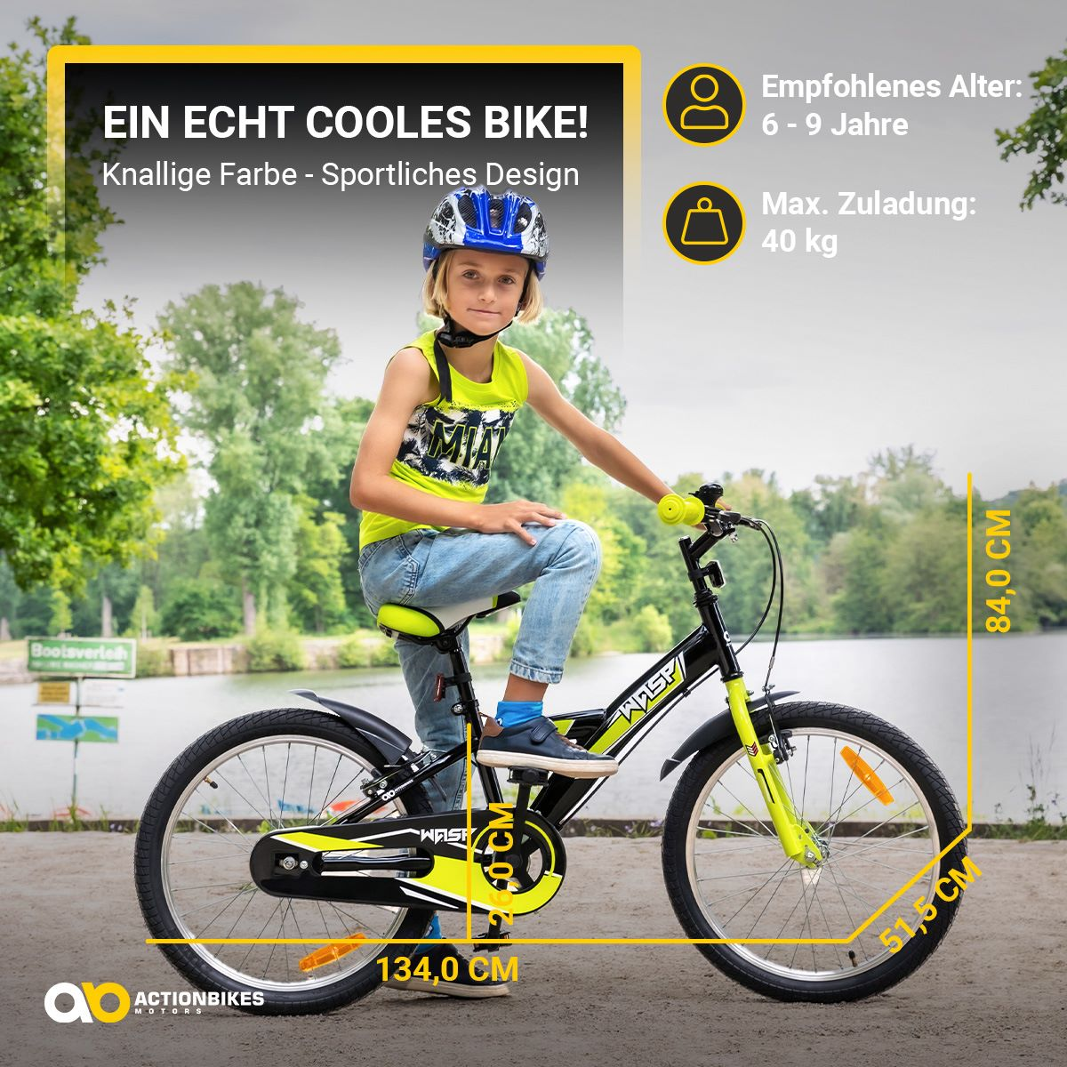 Ein junger Junge auf einem Fahrrad, mit Text, der Alter und maximale Tragfähigkeit angibt.