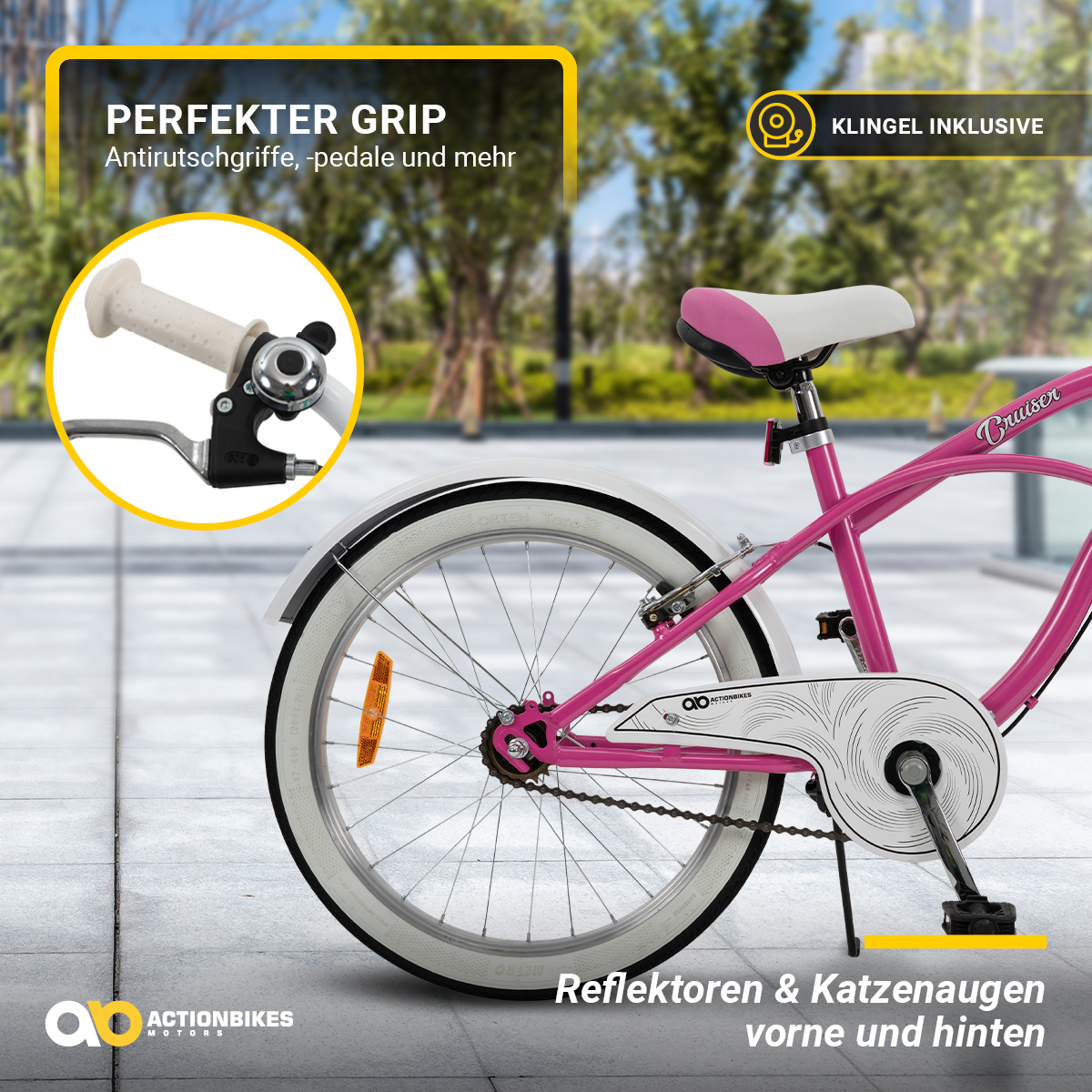 Pinkes Cruiser-Fahrrad mit weißen Reifen, Lenker- und Reflektordetails zeigend.
