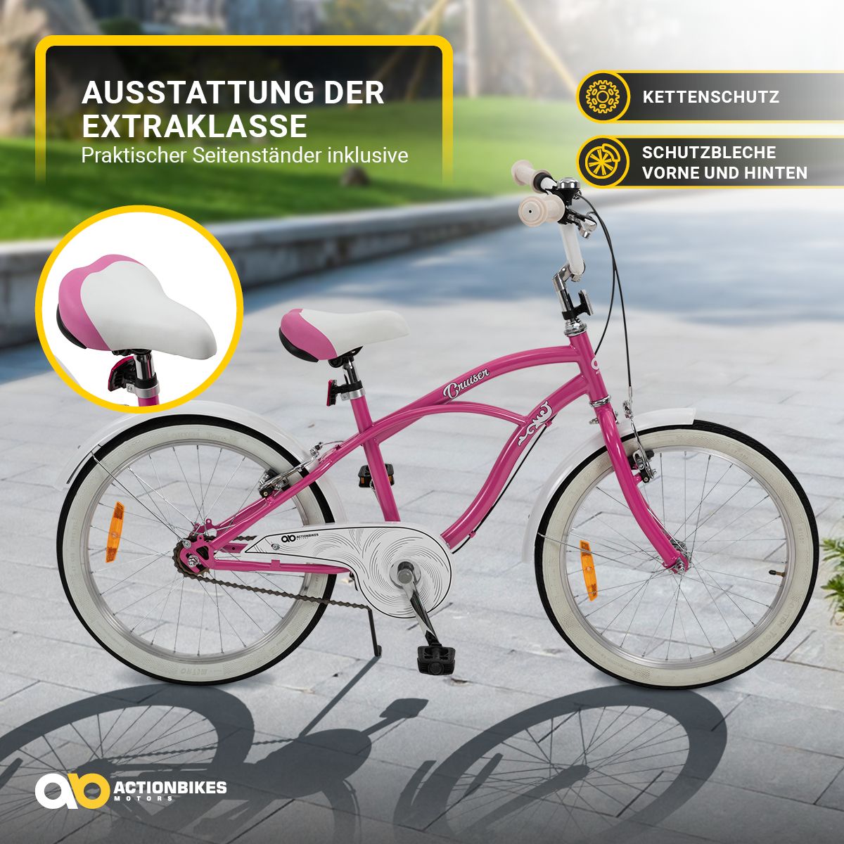 Pinkfarbenes Cruiser-Fahrrad mit weißen Reifen, Sitz und Lenker. Mit weißem Kettenschutz.