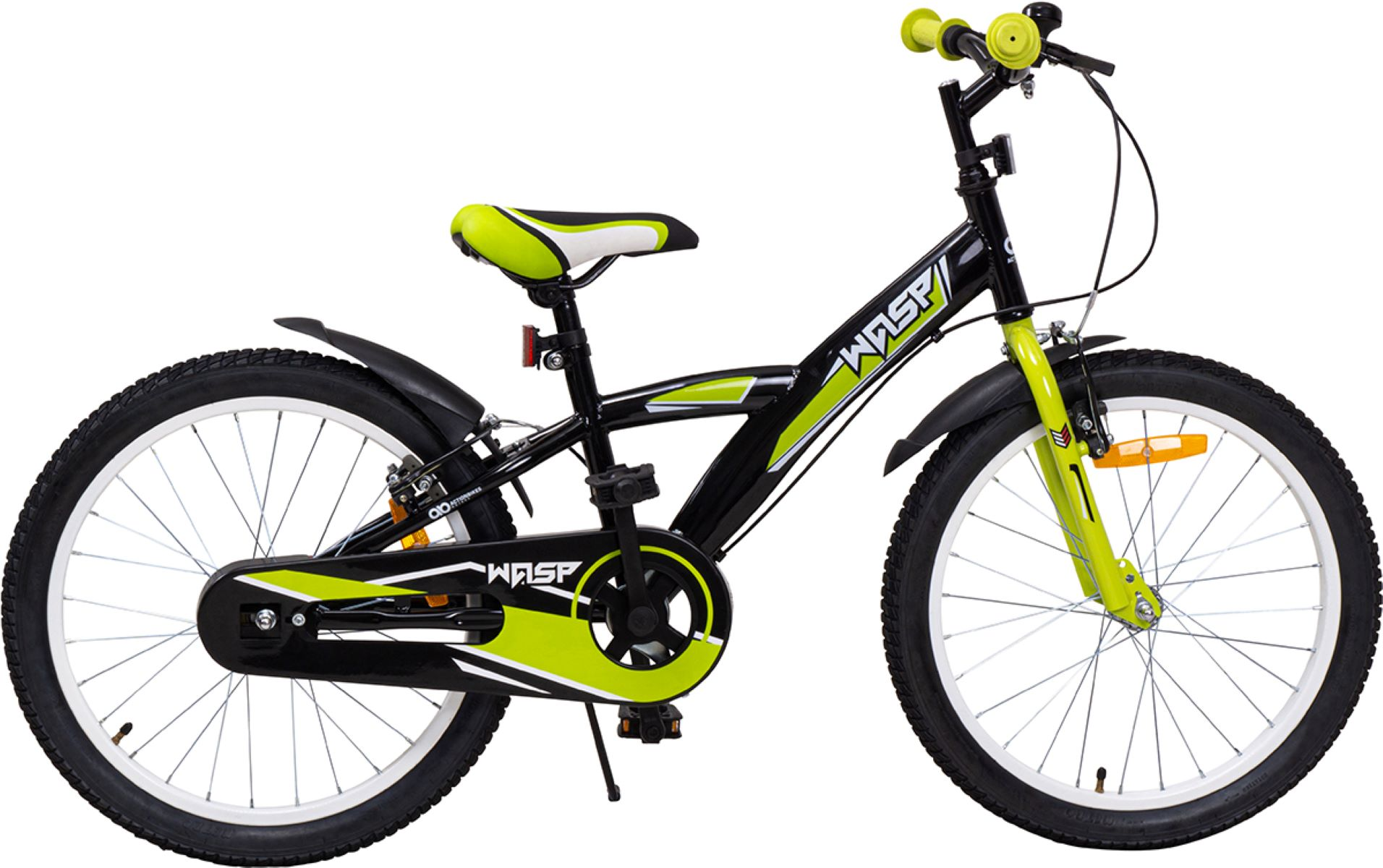 Schwarz-grünes Kinderfahrrad. Es hat einen schwarzen Rahmen und grüne Akzente.