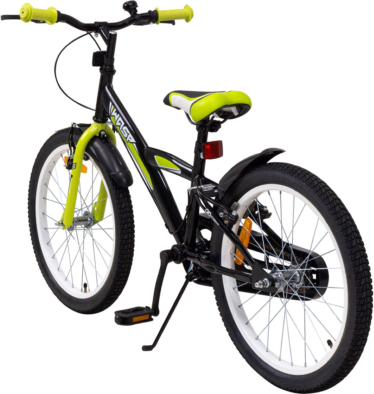 Kinderrad, schwarz-grün, weiße Reifen, von hinten gesehen.