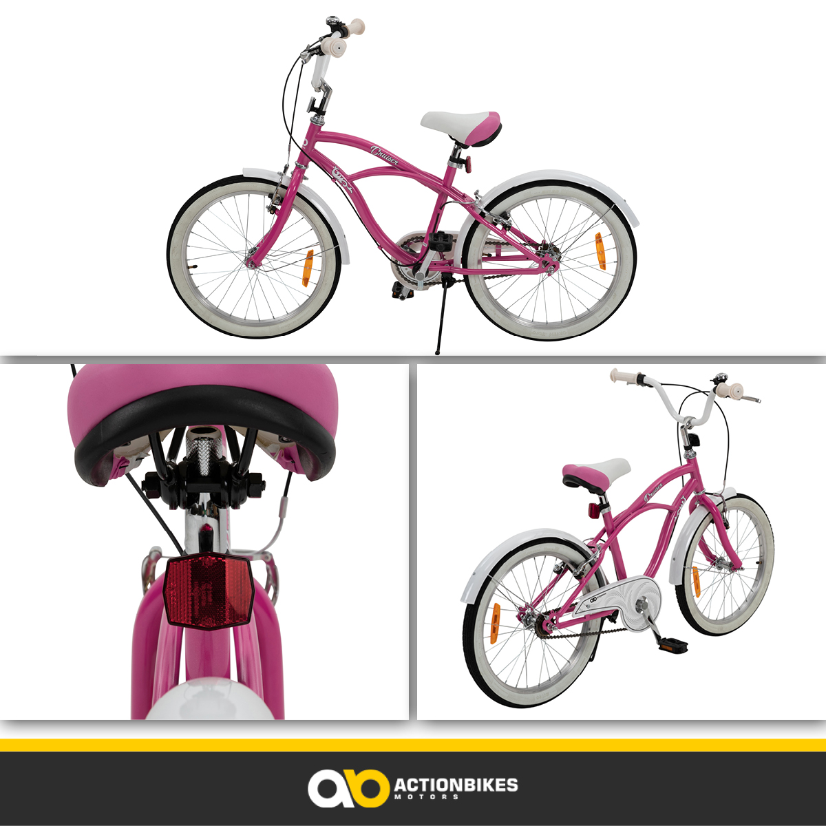 Ein pinkes Fahrrad mit weißen Reifen und Schutzblechen, mehrere Ansichten. Actionbikes-Logo.
