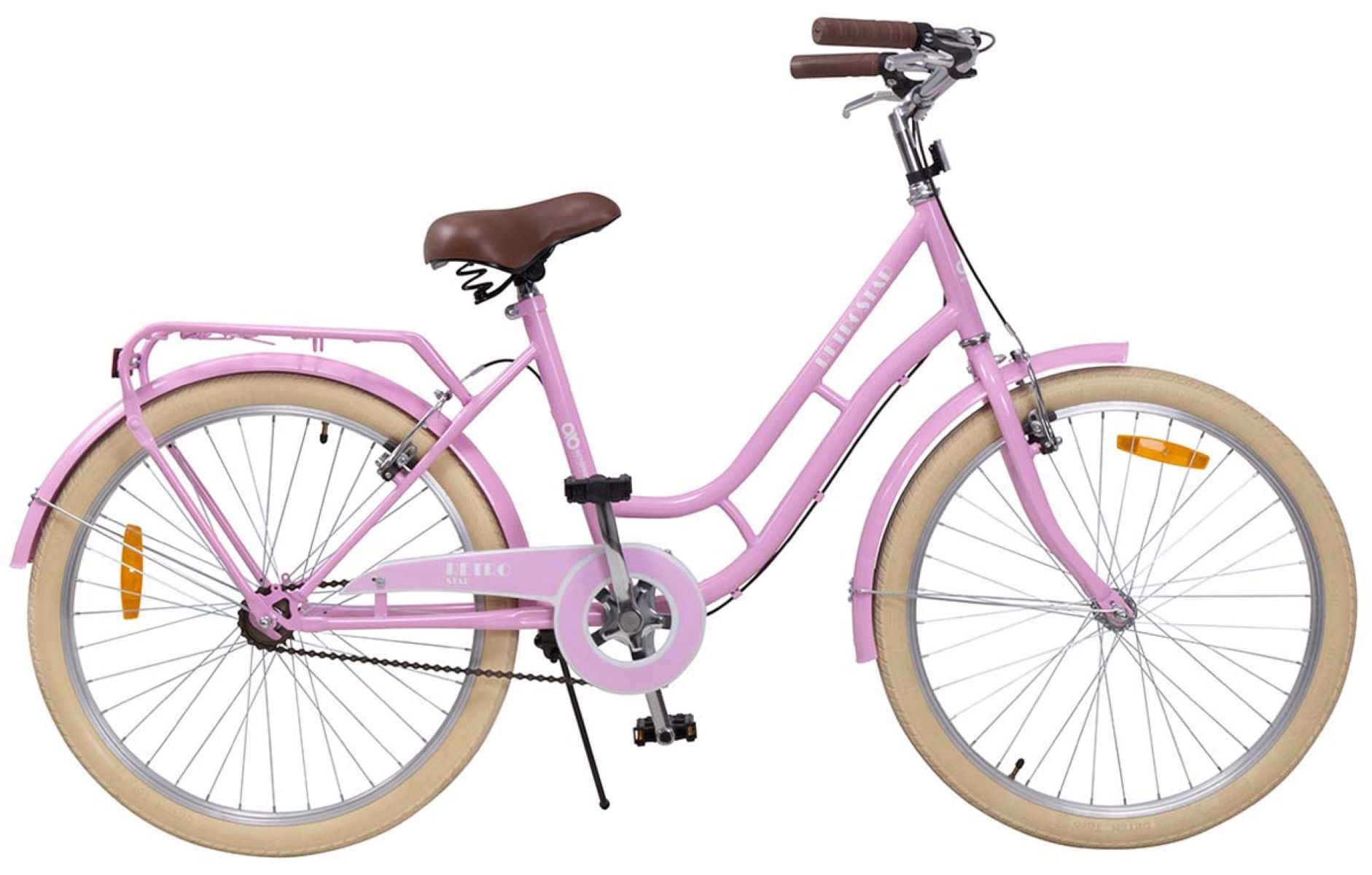 Pinkes Retro-Fahrrad. Es hat cremefarbene Reifen, einen braunen Sattel und einen Gepäckträger.